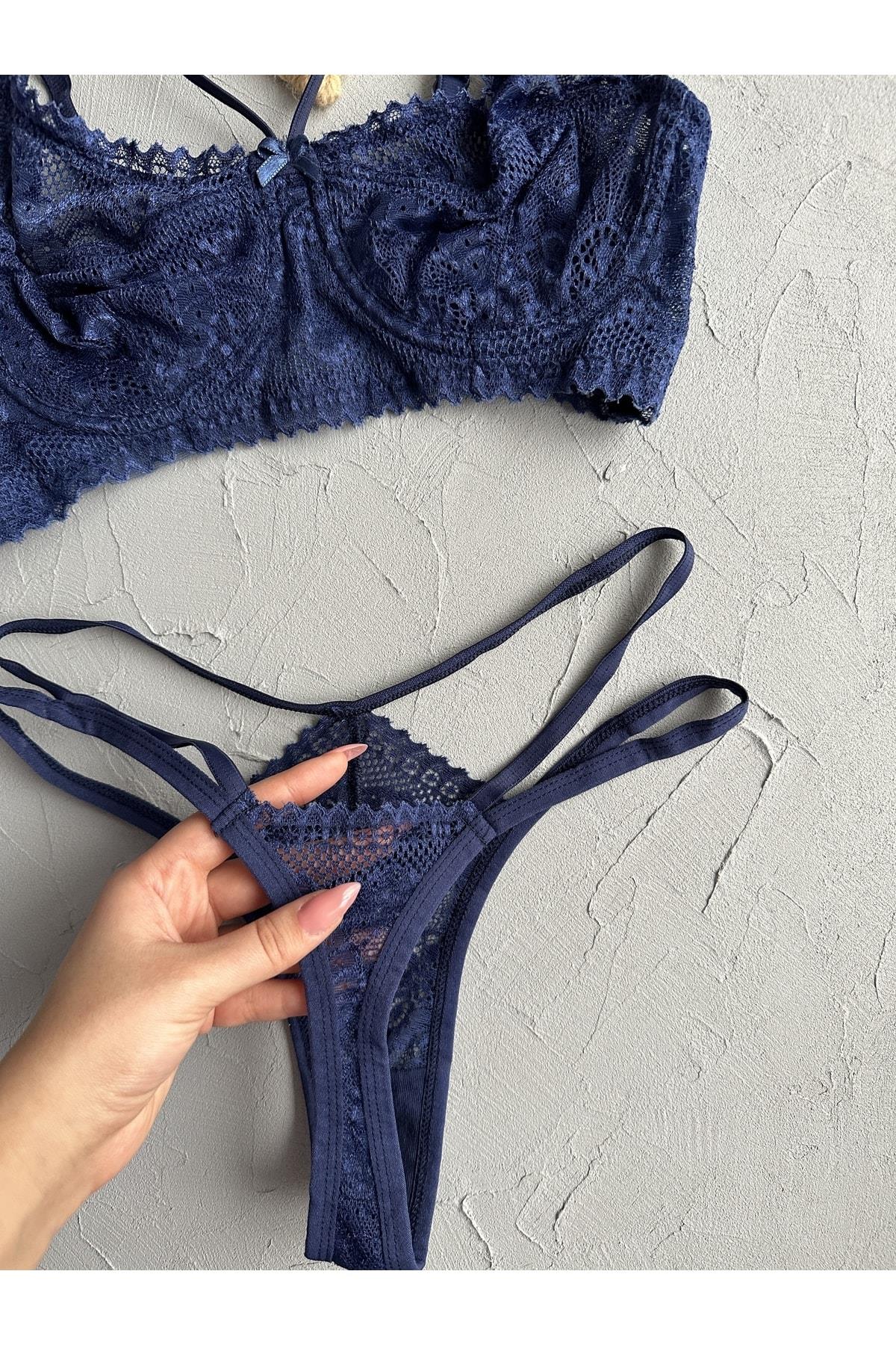 Navy Blue Striped Detail Underwired Bralette Set