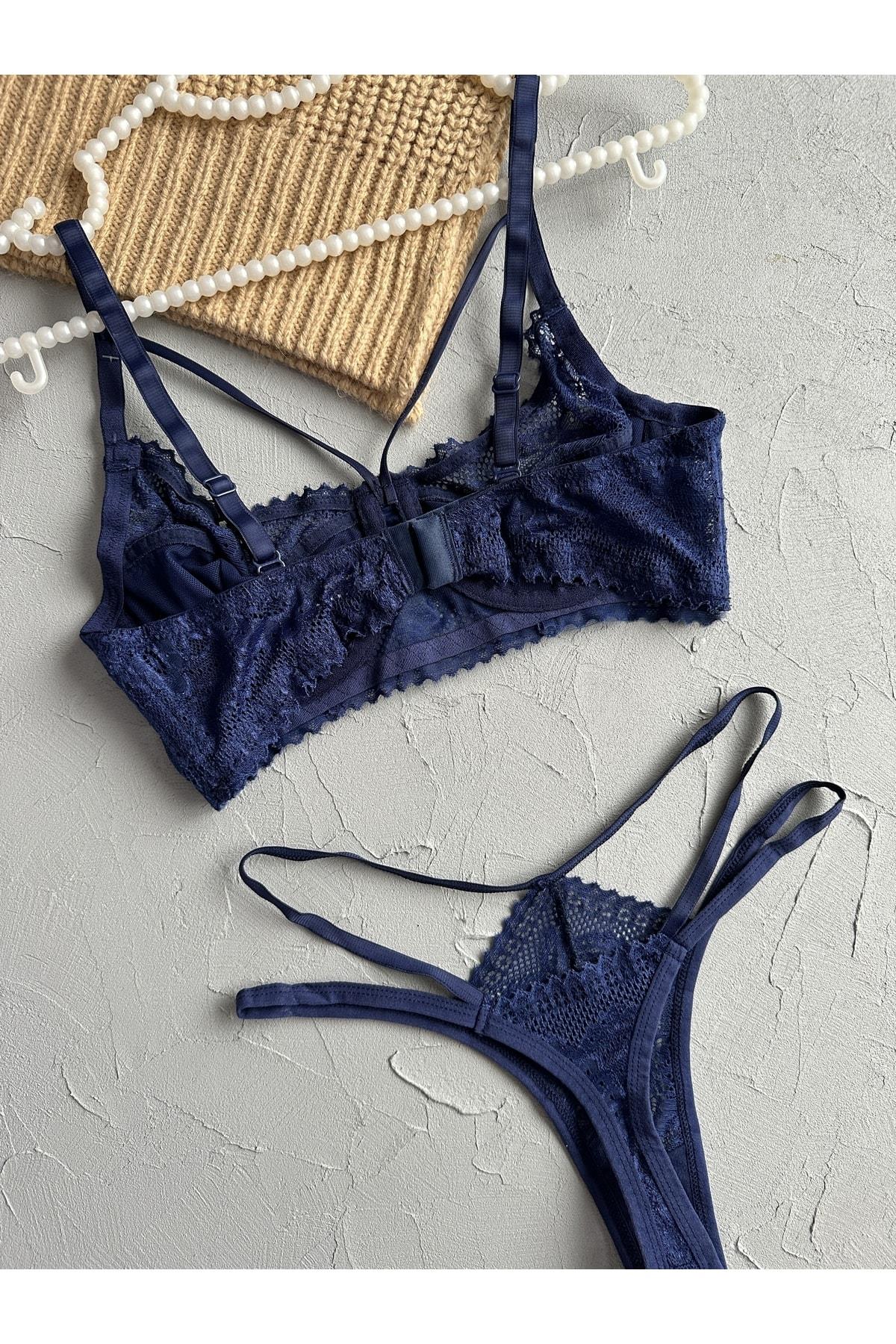 Navy Blue Striped Detail Underwired Bralette Set