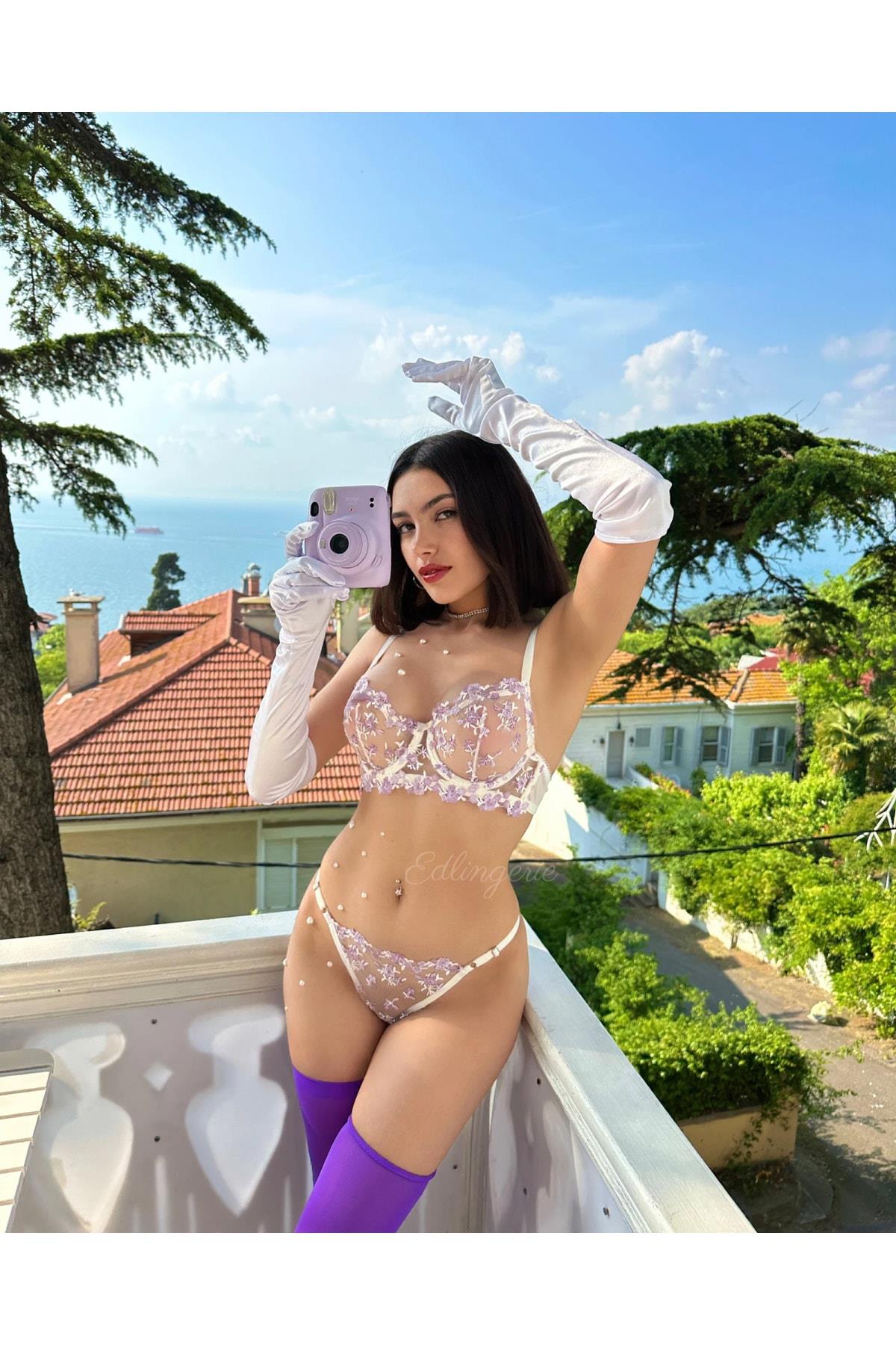 Lila Çiçek Desenli Bralet Takımı