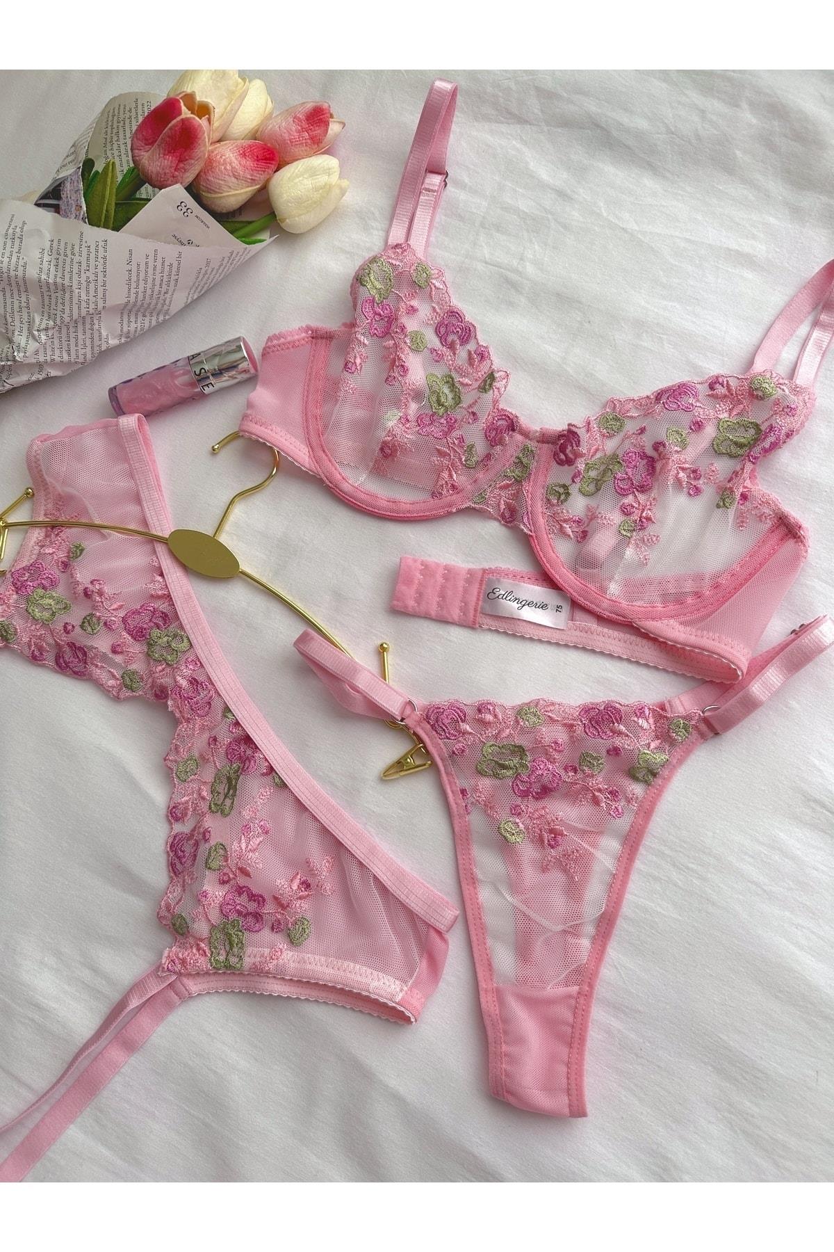 Marie Pink Flower Detail Underwired Garter Set
