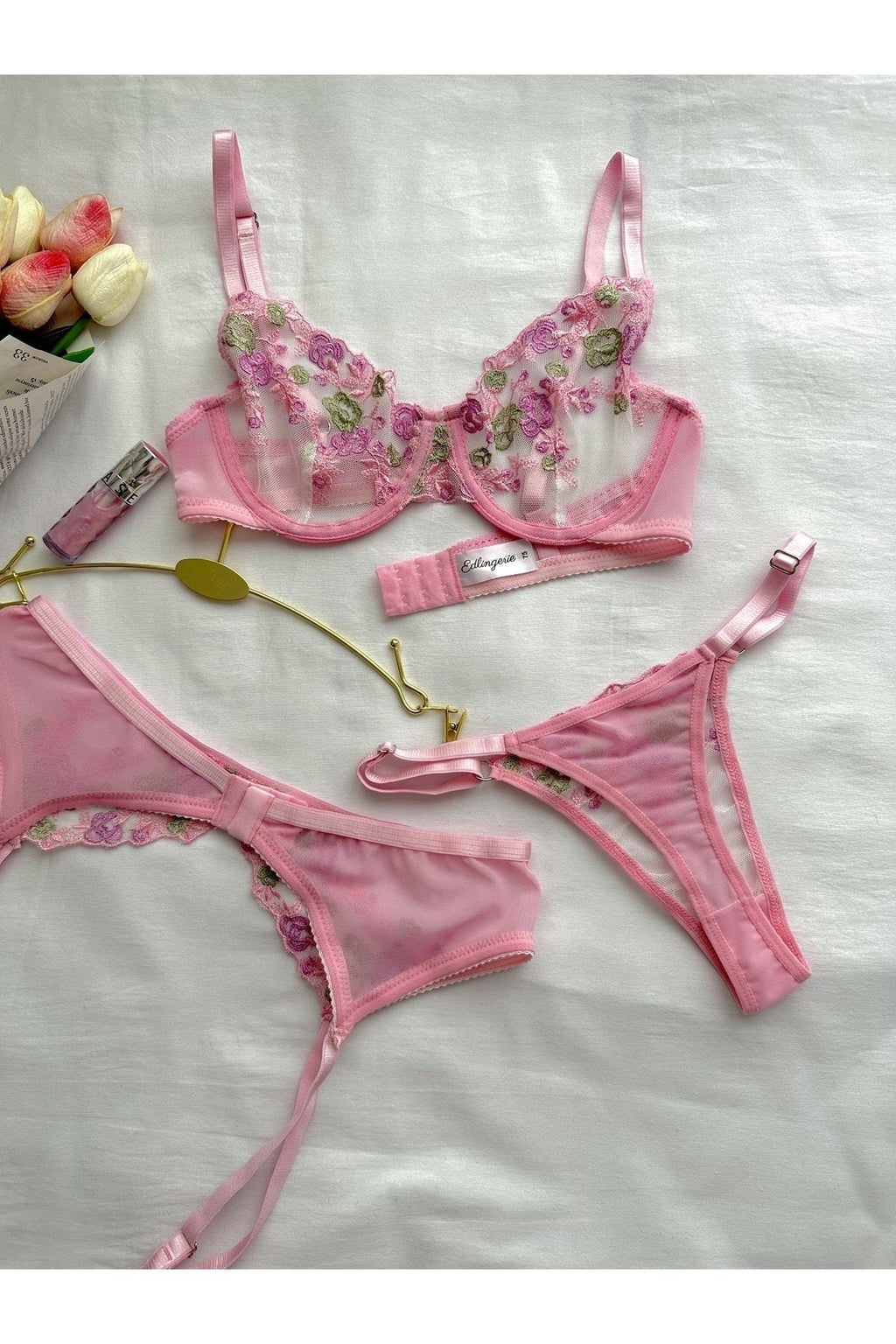 Marie Pink Flower Detail Underwired Garter Set
