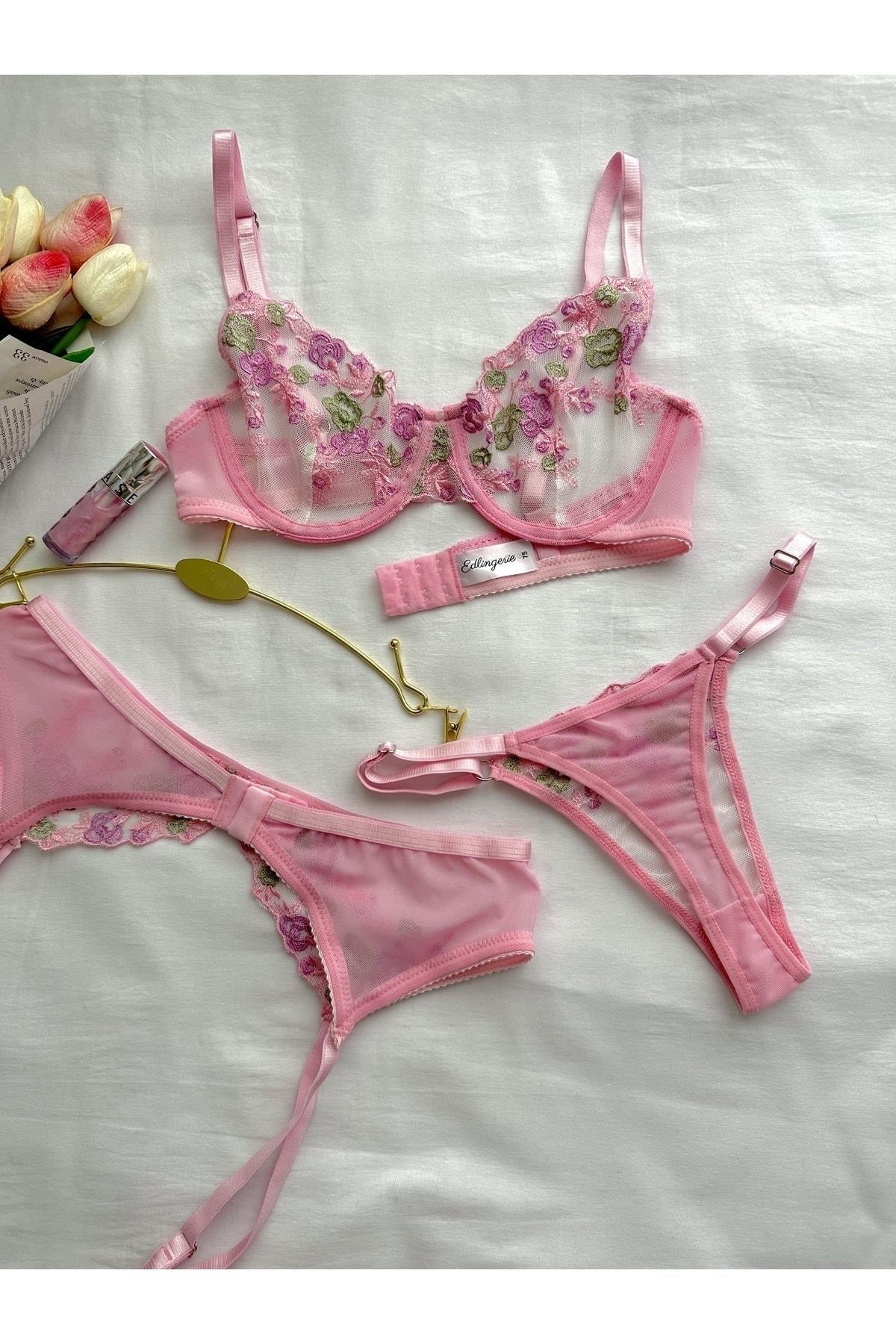 Marie Pink Flower Detail Underwired Garter Set