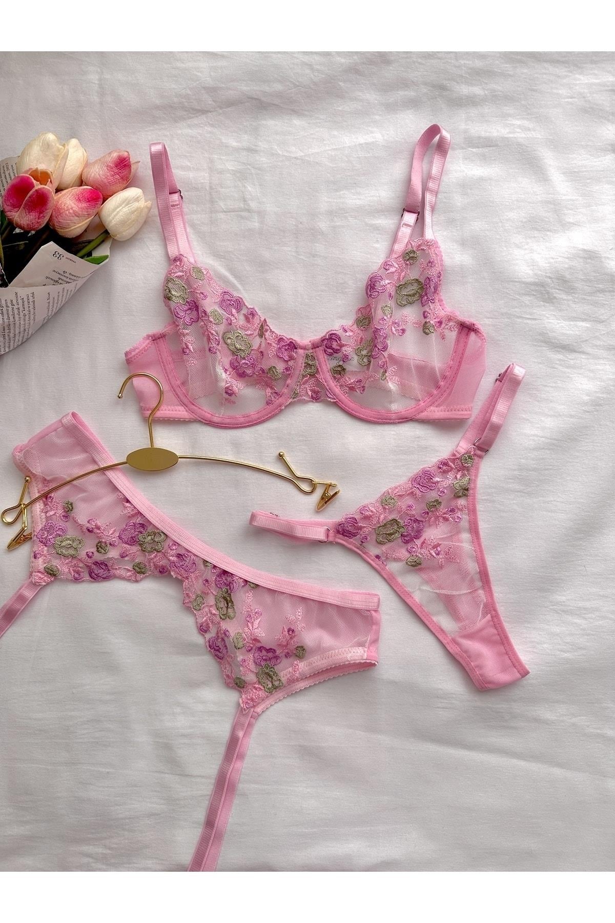 Marie Pink Flower Detail Underwired Garter Set