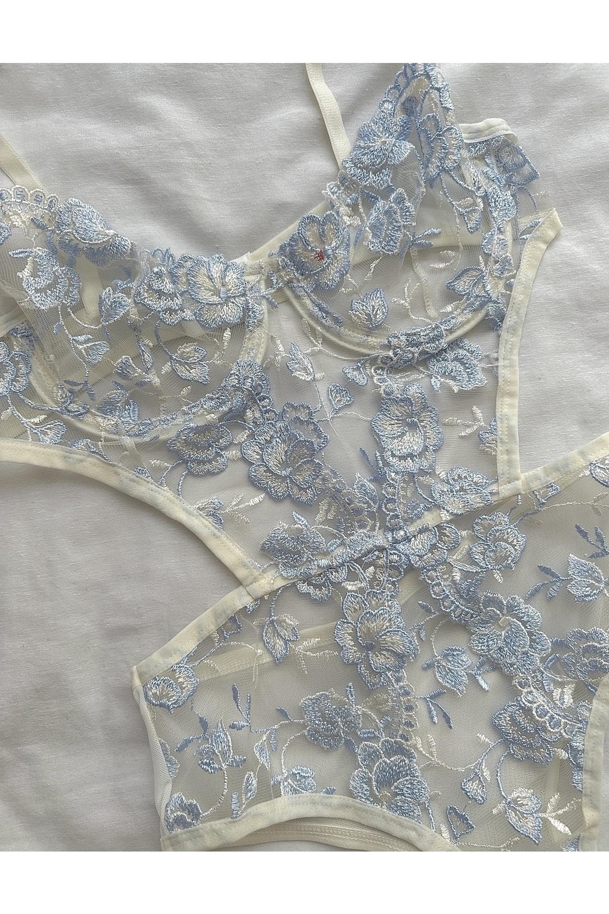 Blue Lace Embroidered Bodysuit