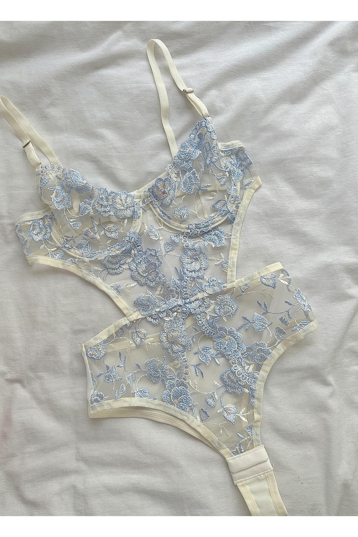 Blue Lace Embroidered Bodysuit