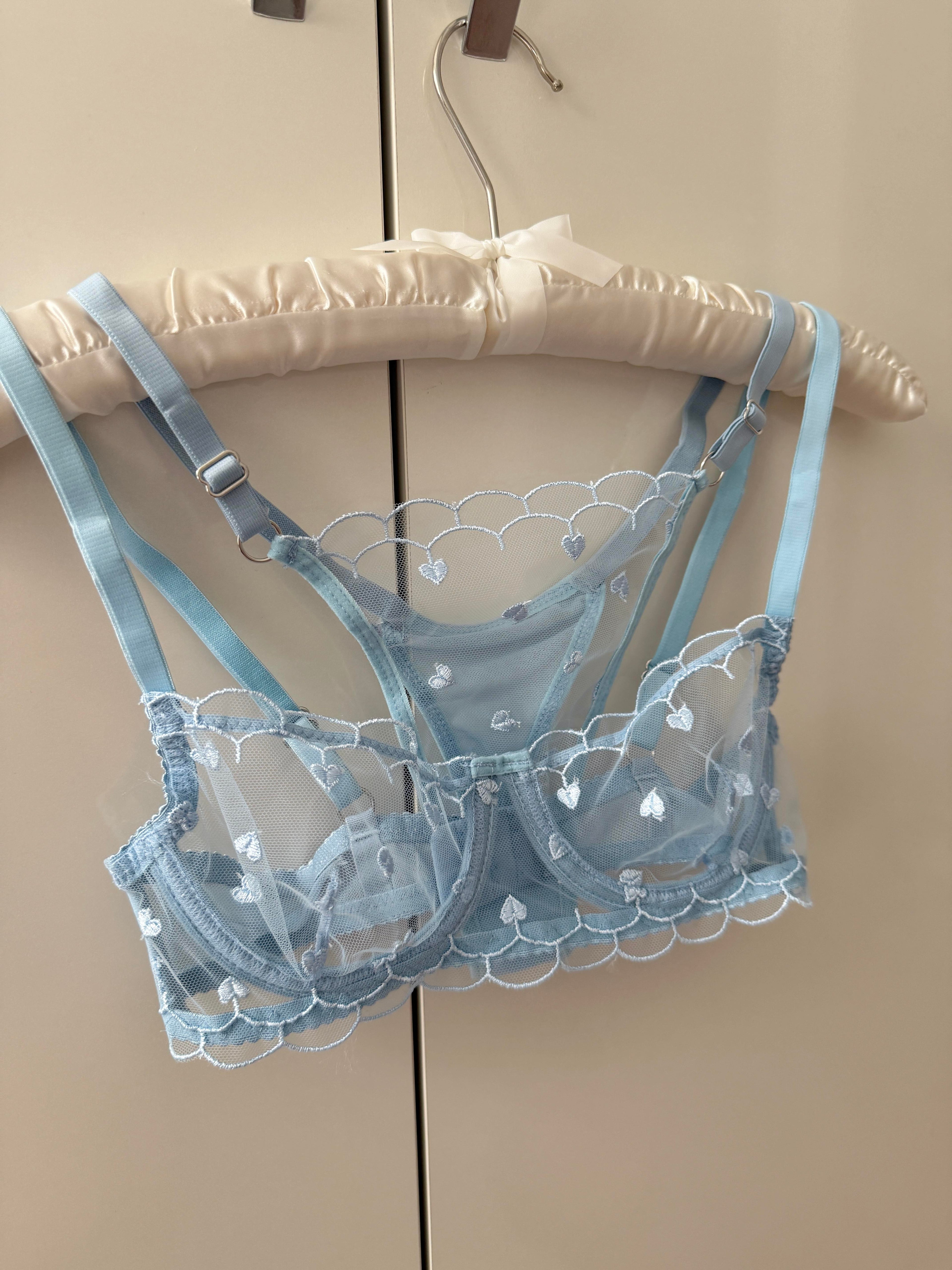 Blue Heart Patterned Transparent Bralette Set
