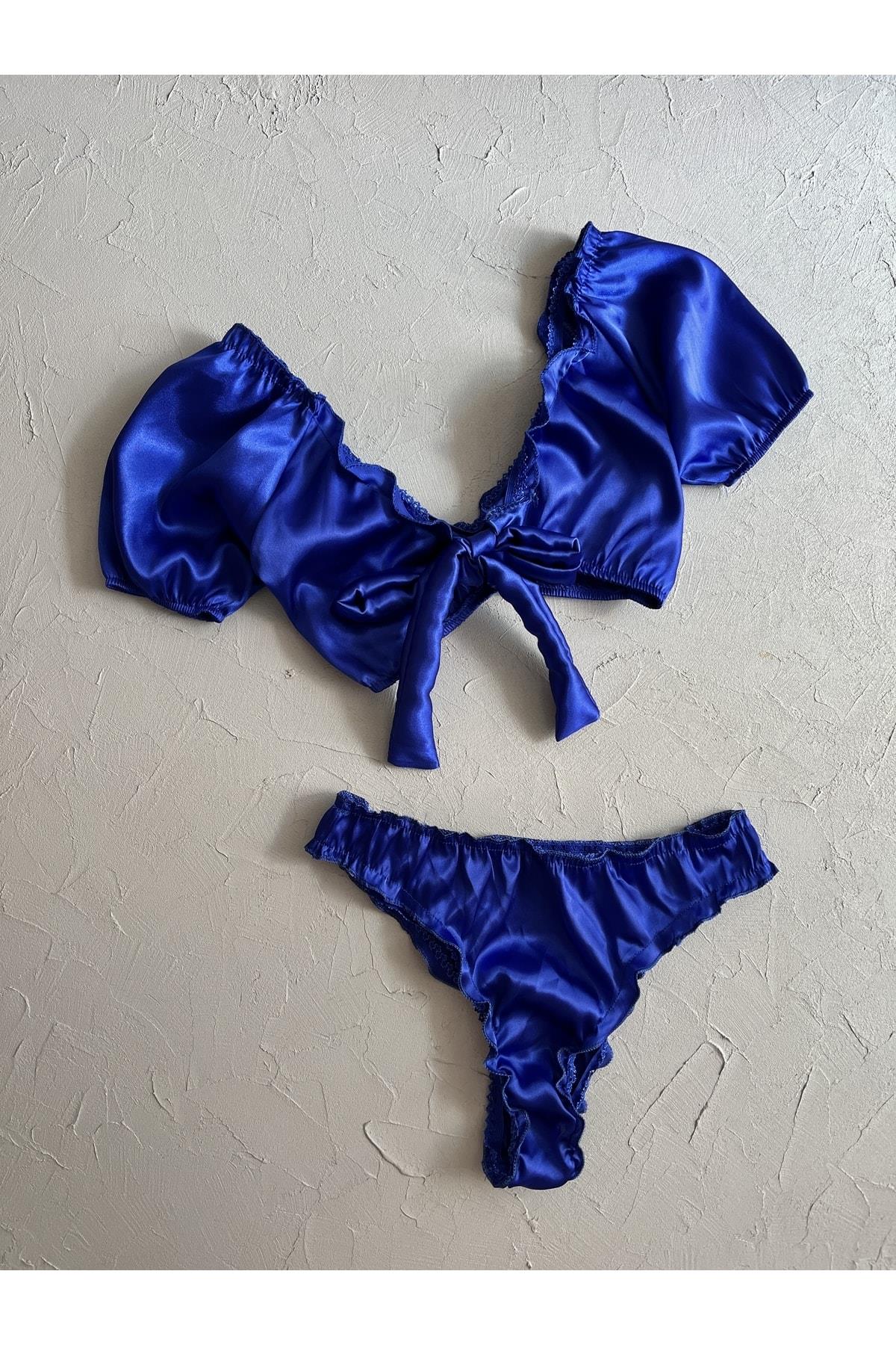 Blue Satin Bralette Set