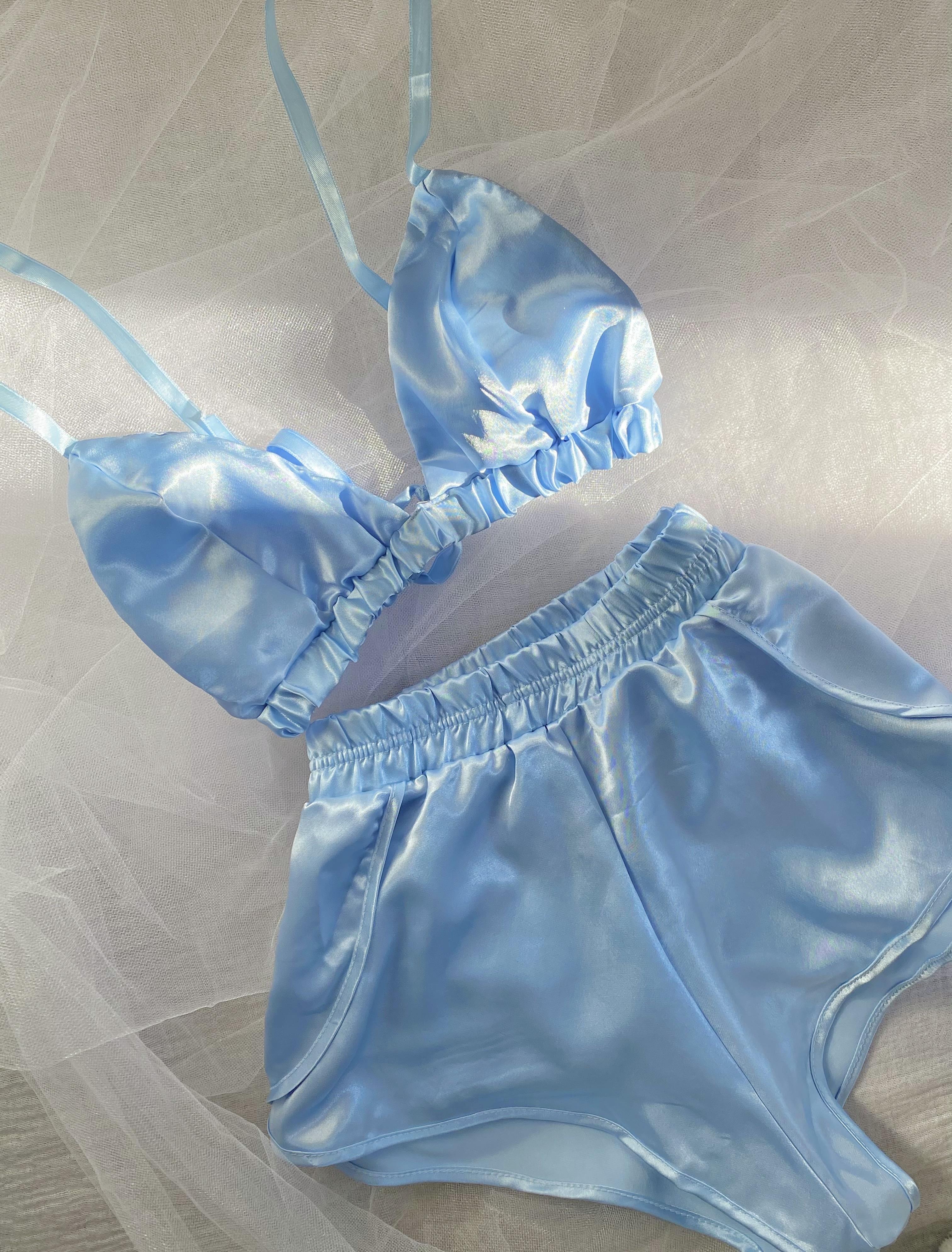 Blue Satin Shorts Set
