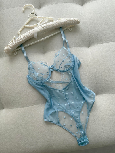 Mavi Transparan Kalp Desenli Bodysuit