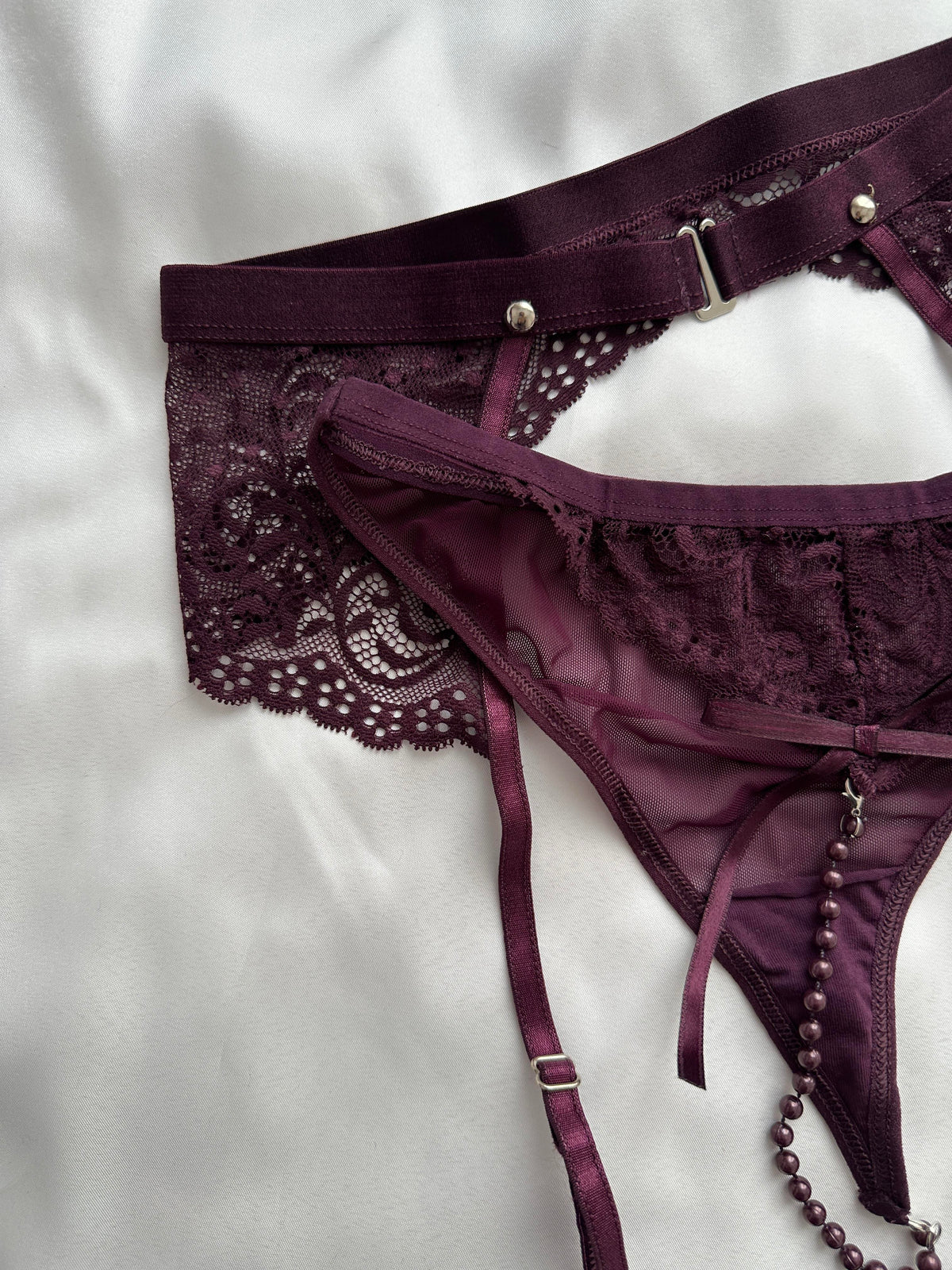 Plum Fantasy Garter + Beaded Thong Set