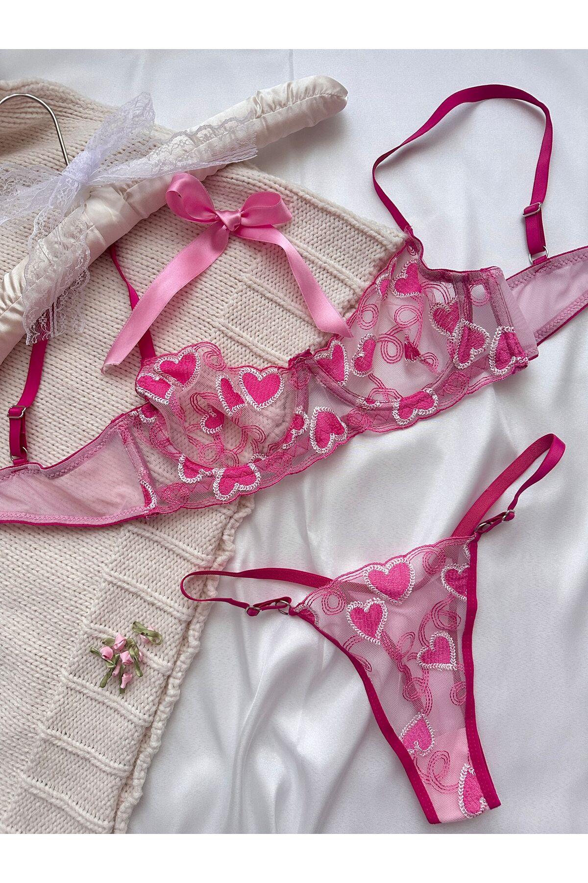 Nora Pink Heart Pattern Bralette Set