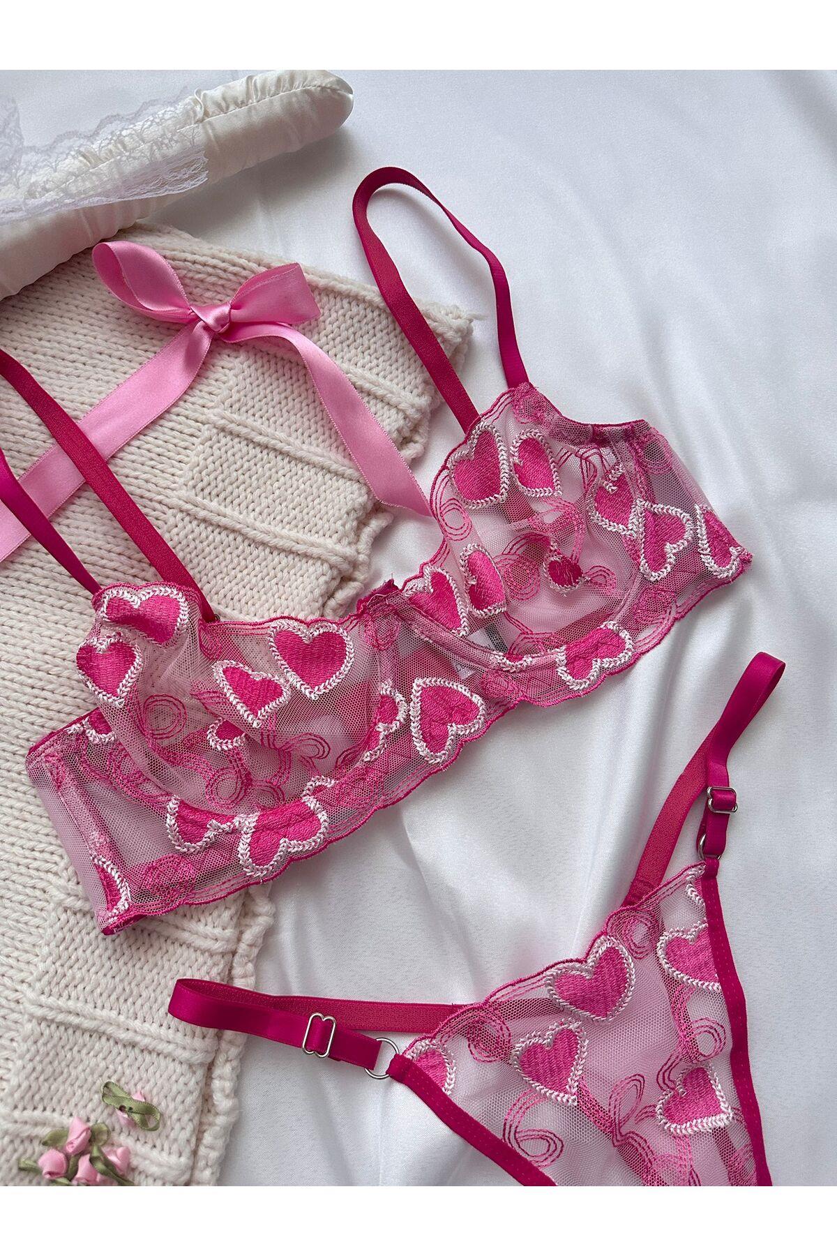 Nora Pink Heart Pattern Bralette Set