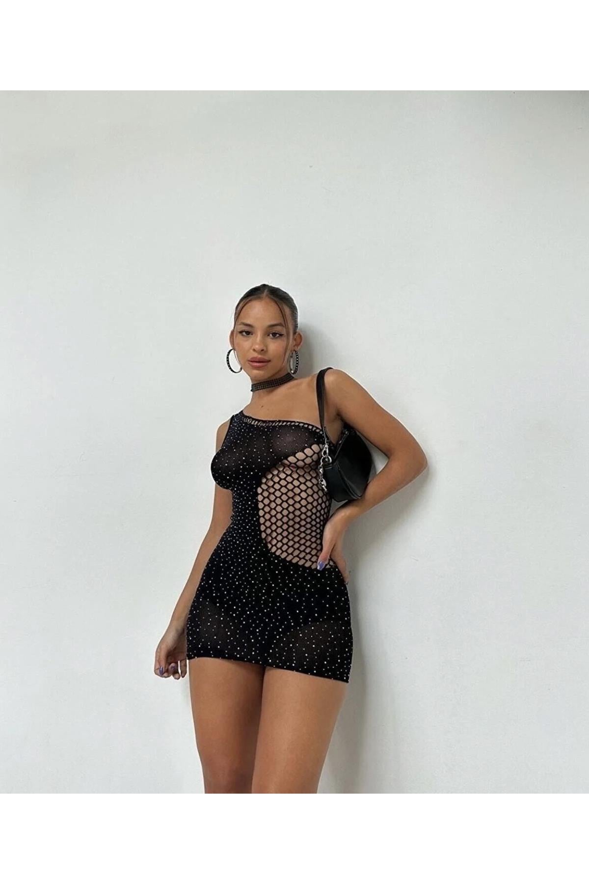 Parıltılı Mesh Elbise Babydoll