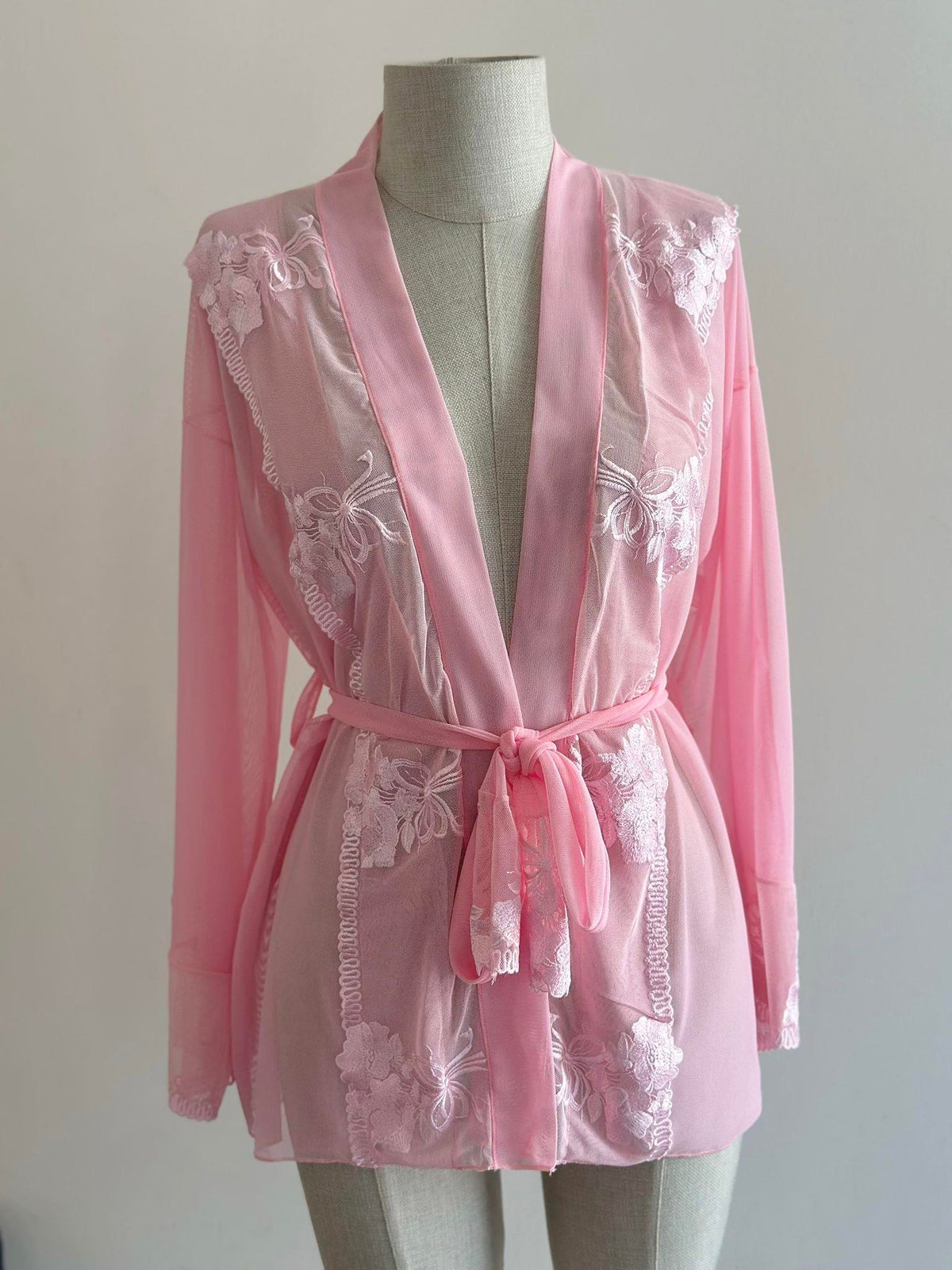 Pembe Brode Detaylı Tül Mini Sabahlık