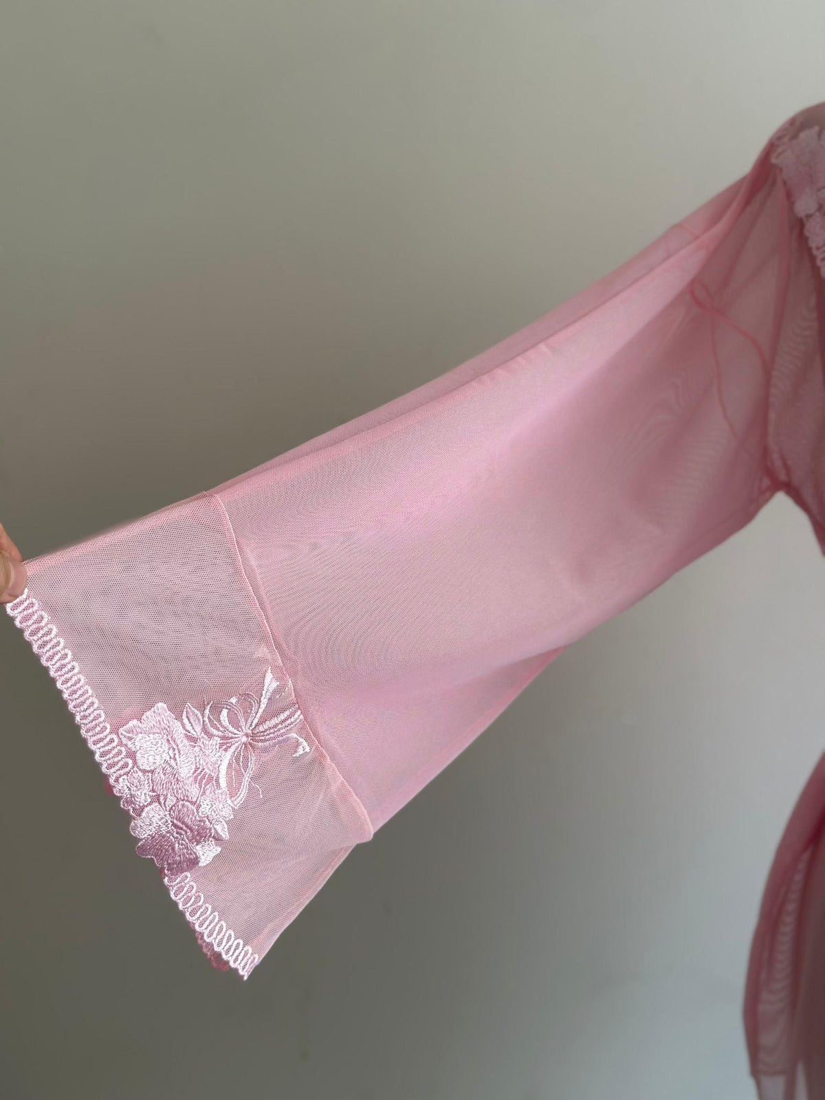 Pembe Brode Detaylı Tül Mini Sabahlık