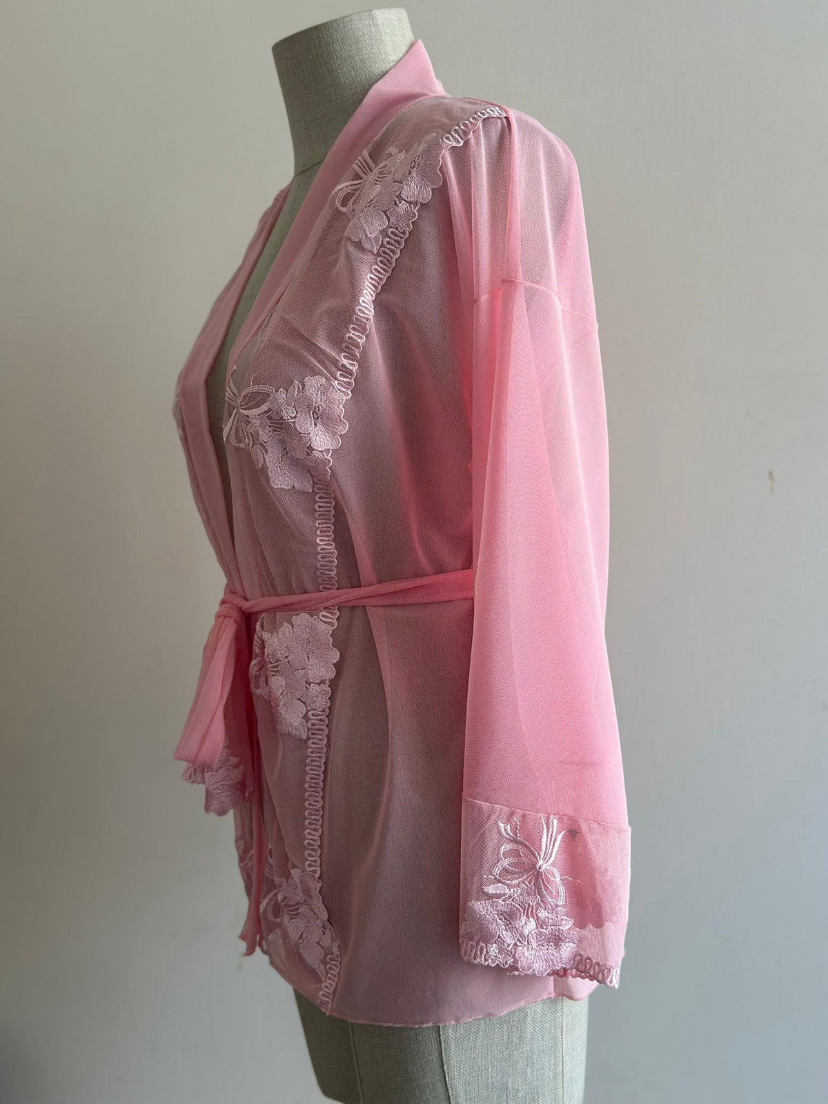 Pembe Brode Detaylı Tül Mini Sabahlık