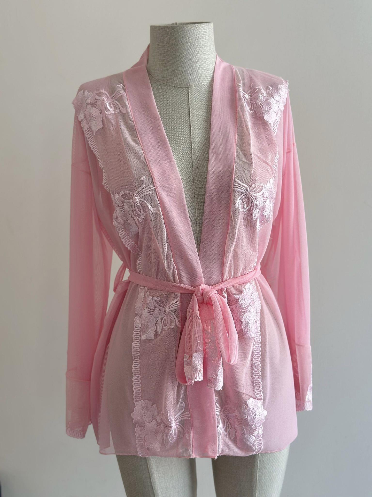 Pink Embroidered Detail Tulle Mini Robe