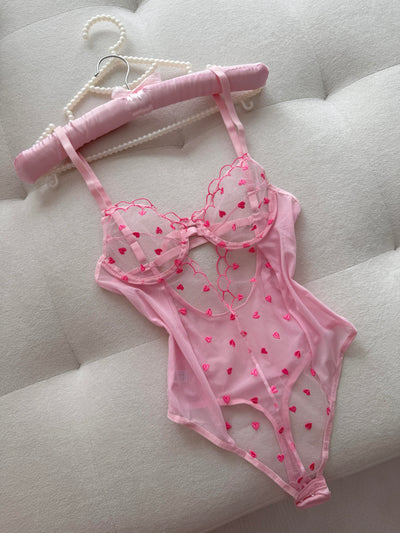 Pembe Transparan Kalp Desenli Bodysuit