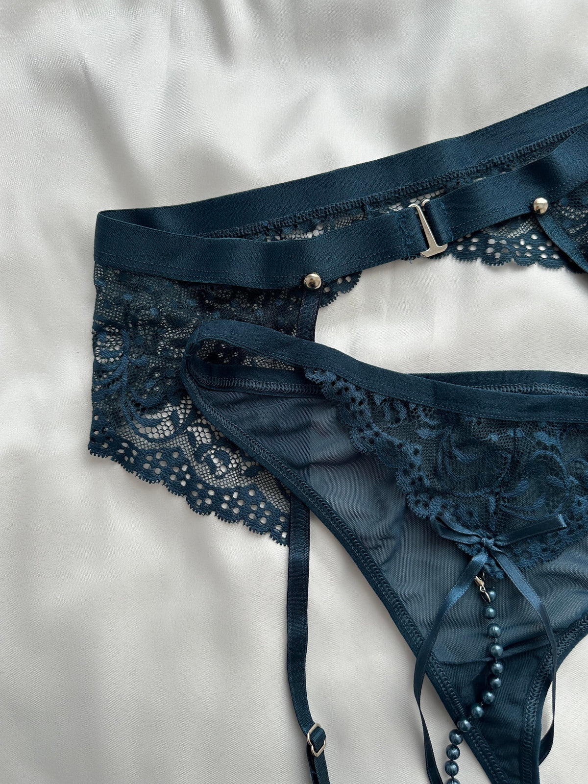 Petrol Blue Fantasy Garter + Beaded Thong Set