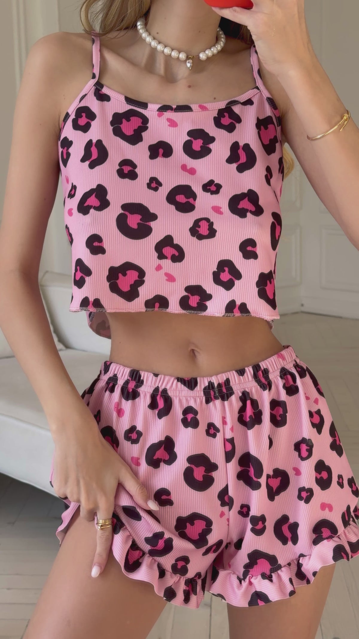Pembe Leopar Desenli Mini Pijama Takımı