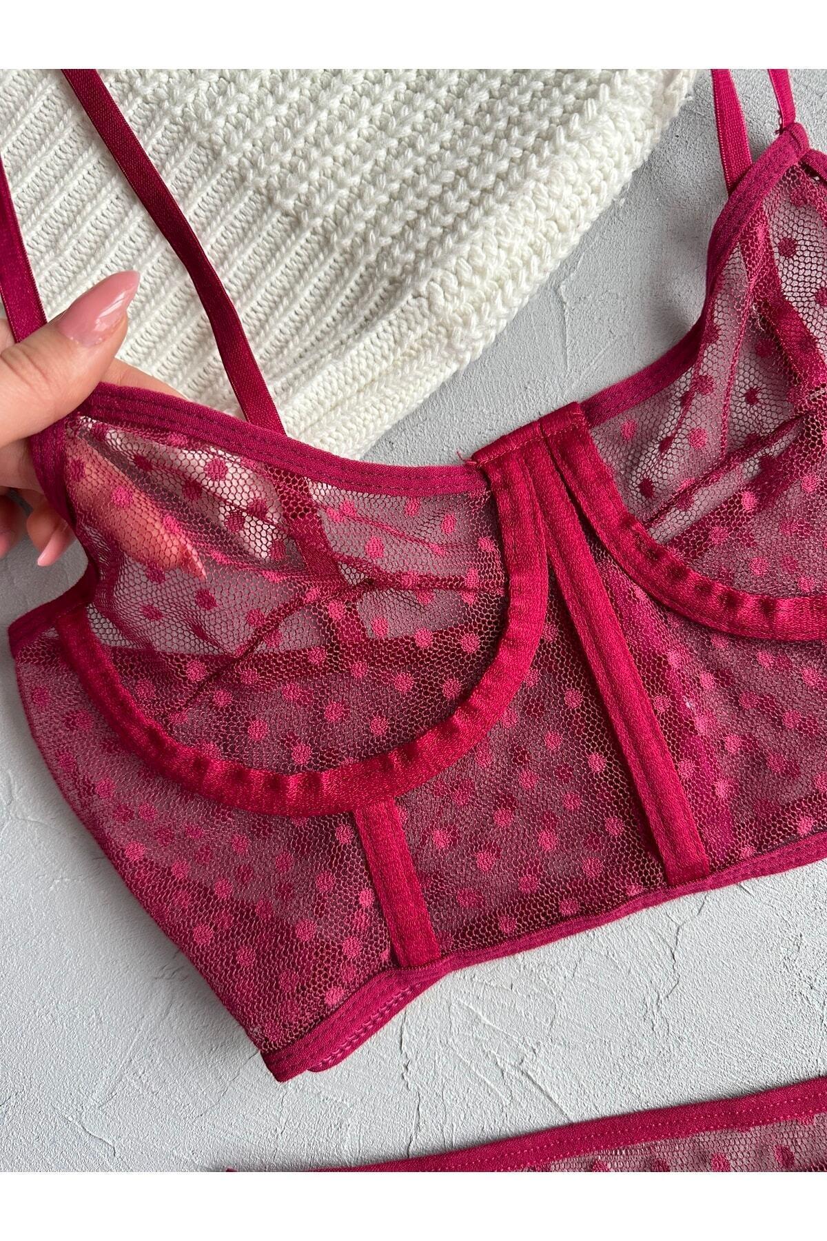 Puantiye Desenli Vişne Bralet Takımı