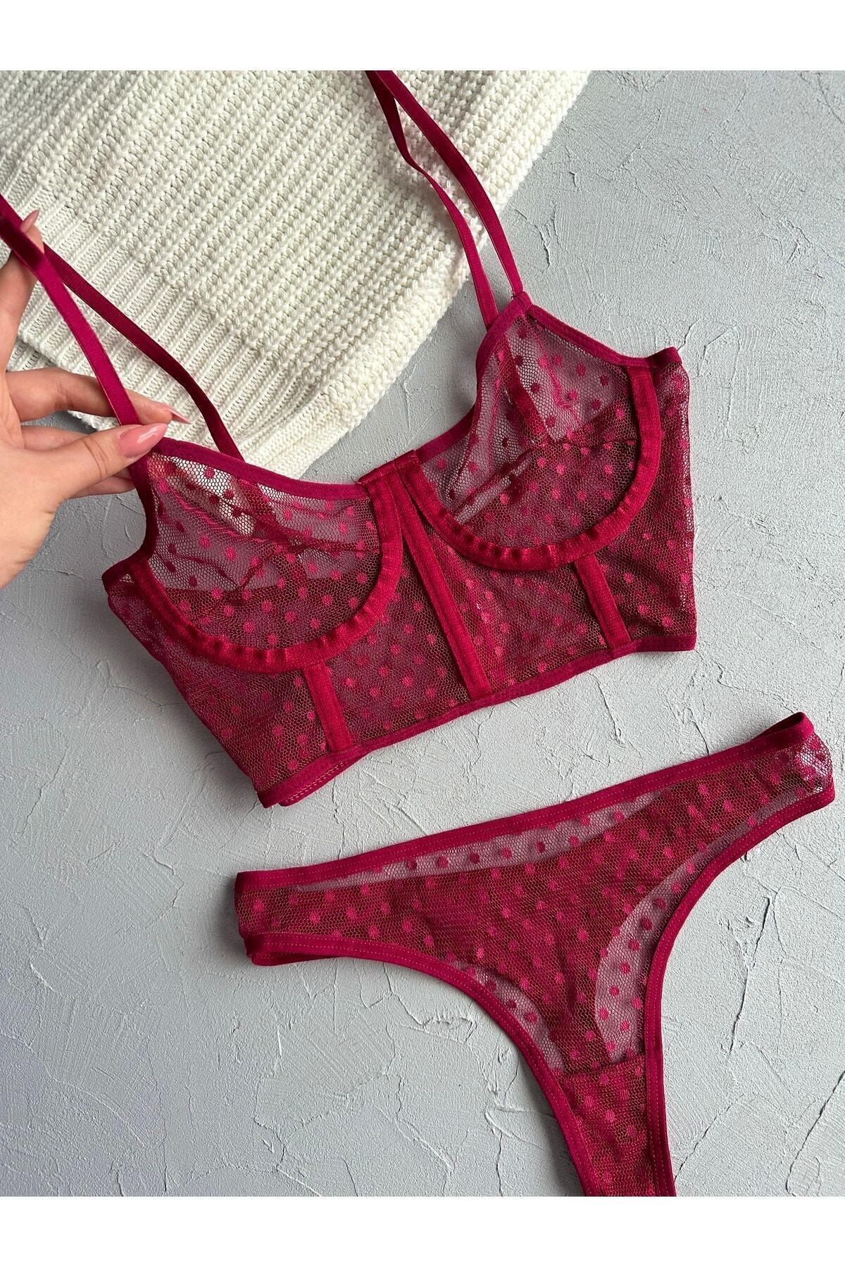 Puantiye Desenli Vişne Bralet Takımı