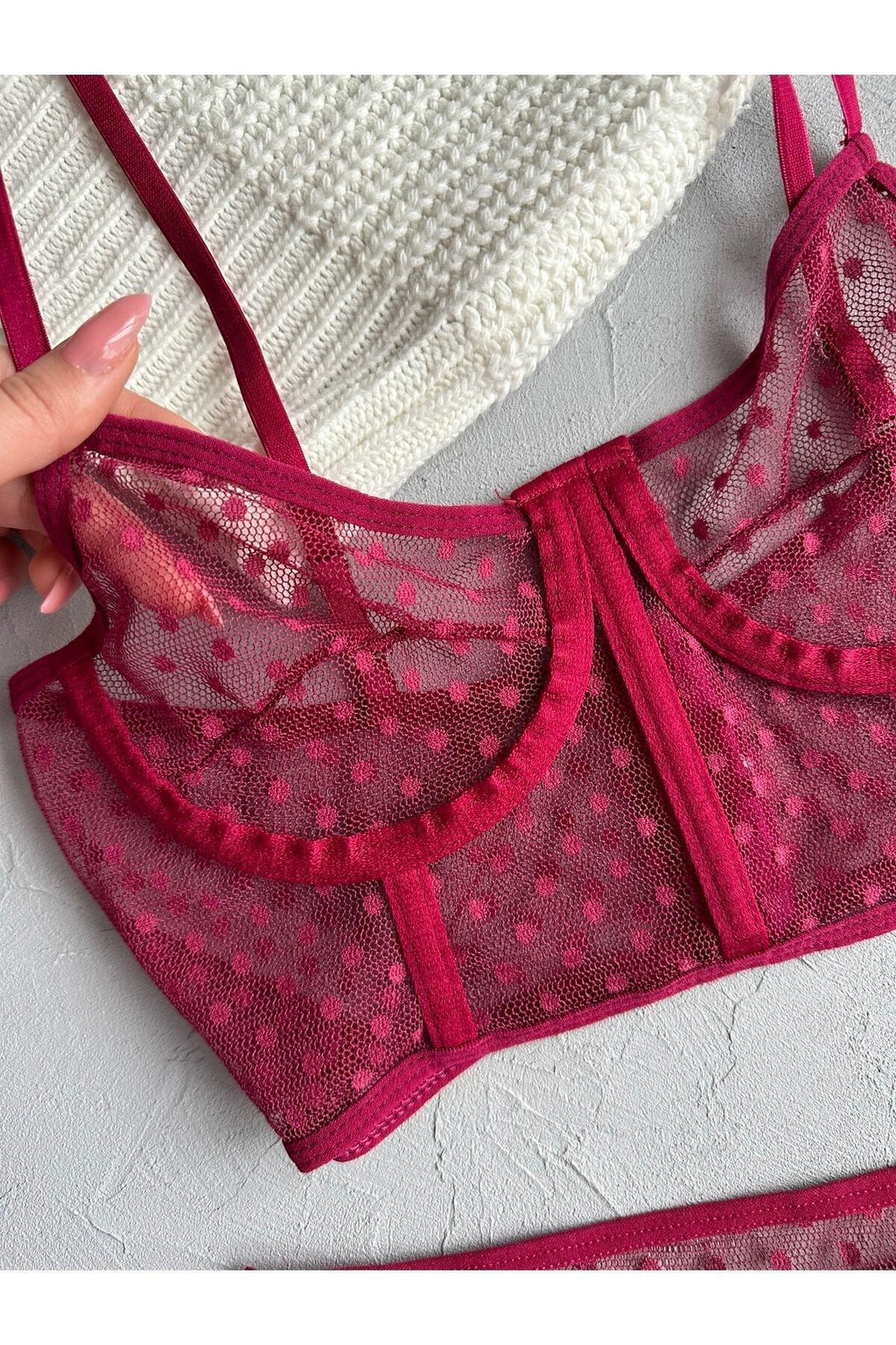 Puantiye Desenli Vişne Bralet Takımı