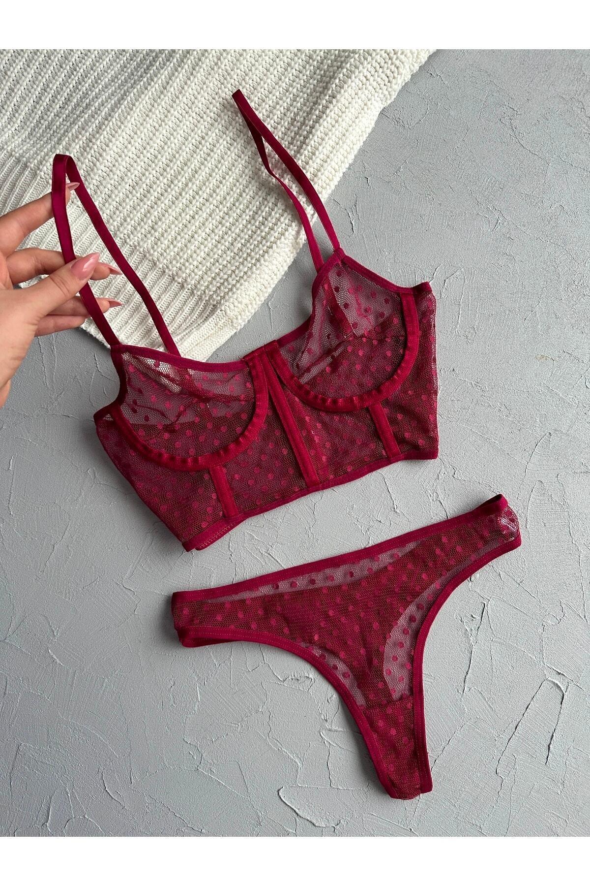Puantiye Desenli Vişne Bralet Takımı