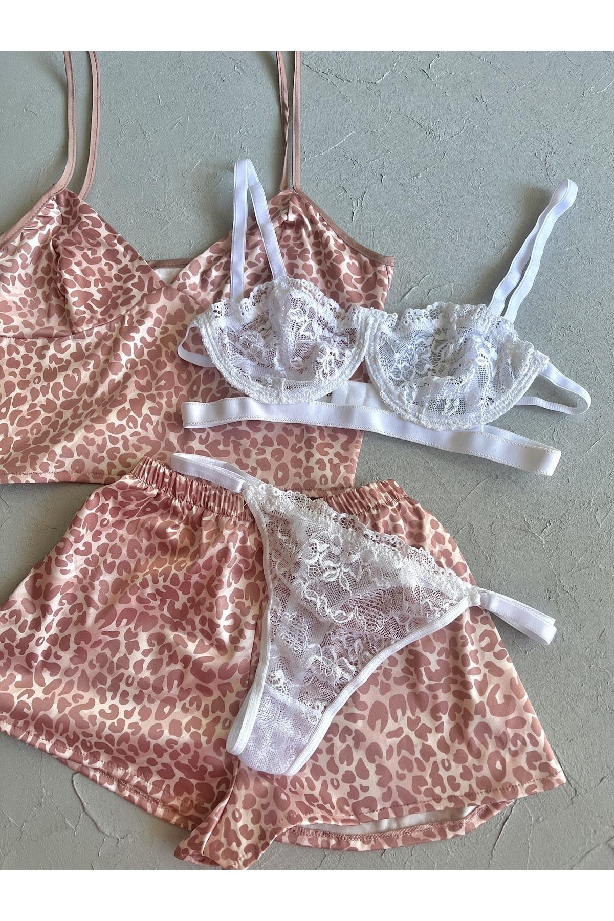 Pudra Leopar 4lü Saten Şort Bralet Takımı