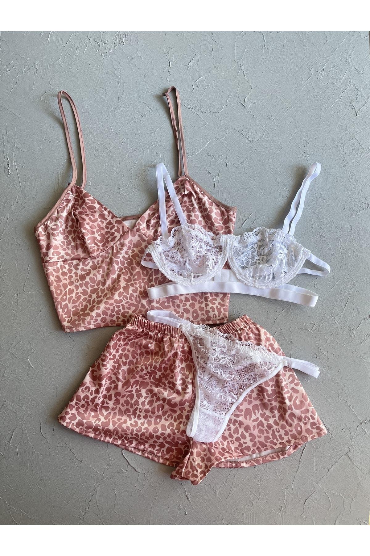 Pudra Leopar 4lü Saten Şort Bralet Takımı