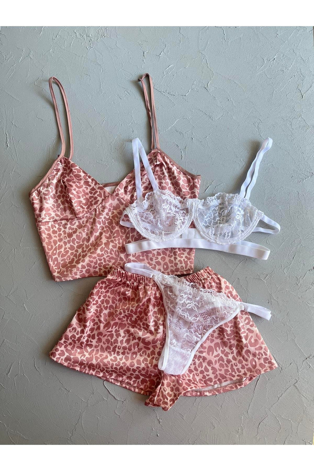 Powder Pink Leopard 4-Piece Satin Shorts and Bralette Set