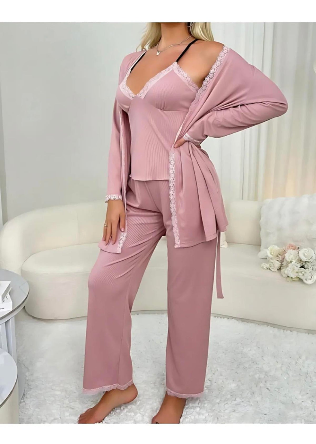 Powder Pink Robe and Ultra Soft Lace Detail Pajama Set
