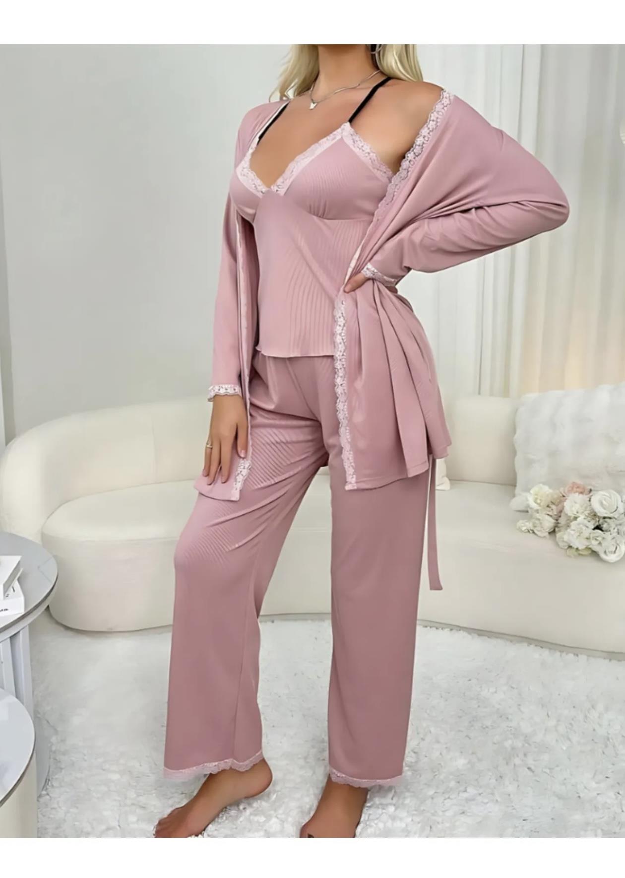 Powder Pink Robe and Ultra Soft Lace Detail Pajama Set