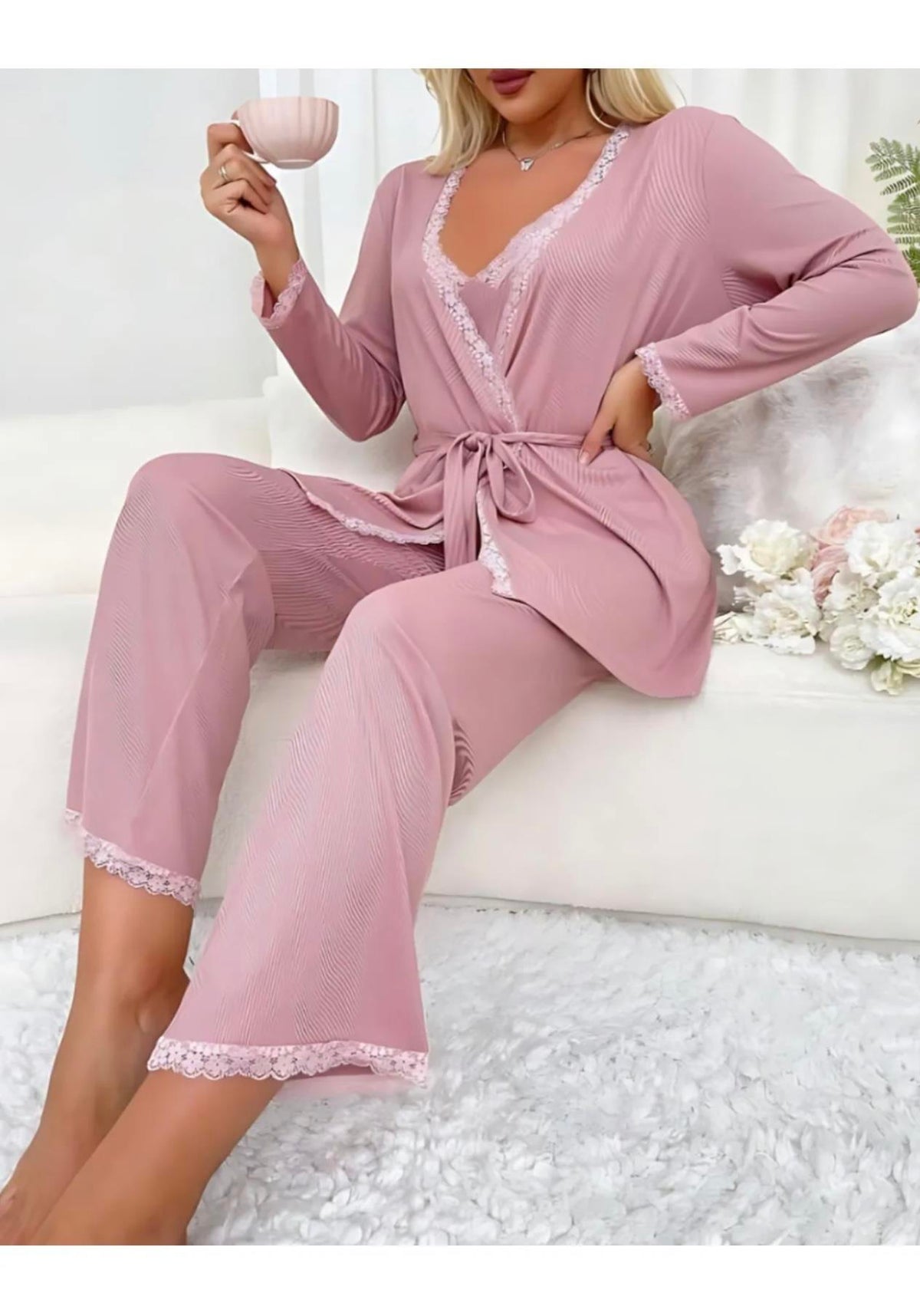Powder Pink Robe and Ultra Soft Lace Detail Pajama Set
