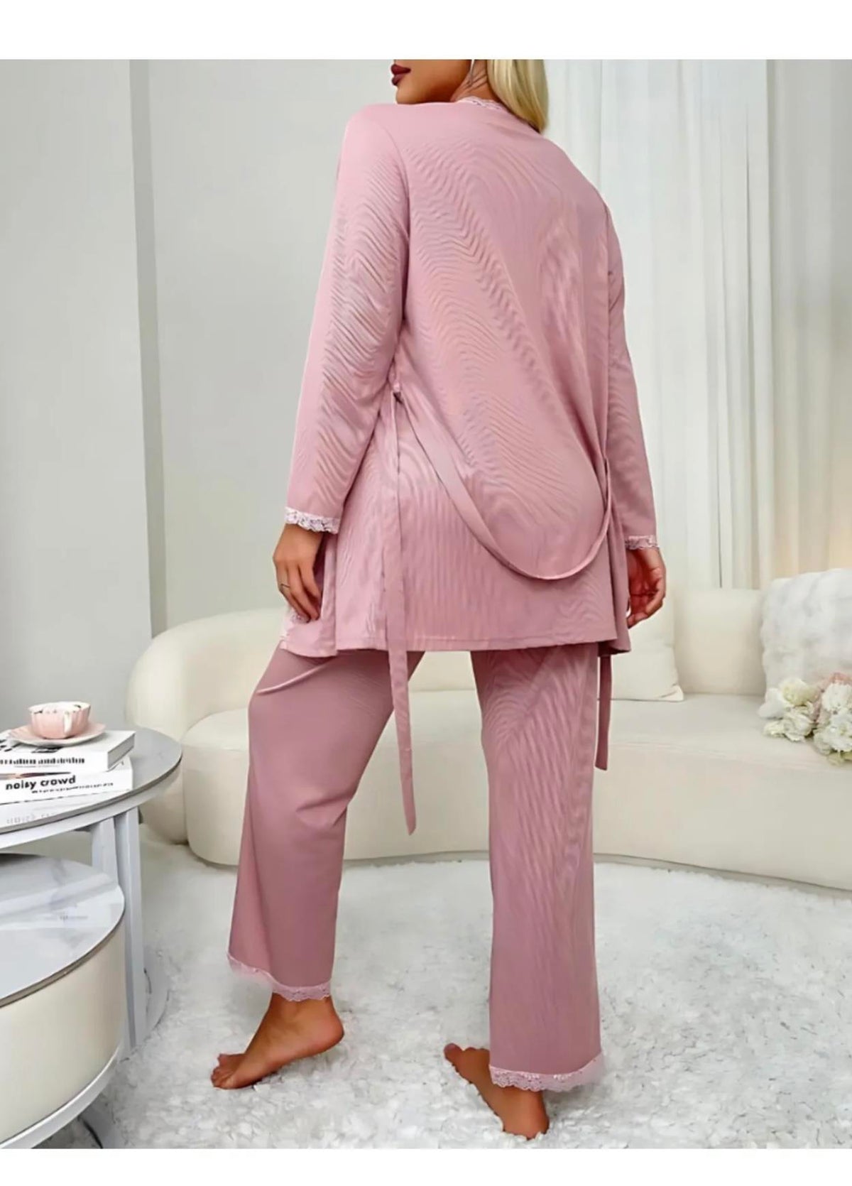 Powder Pink Robe and Ultra Soft Lace Detail Pajama Set