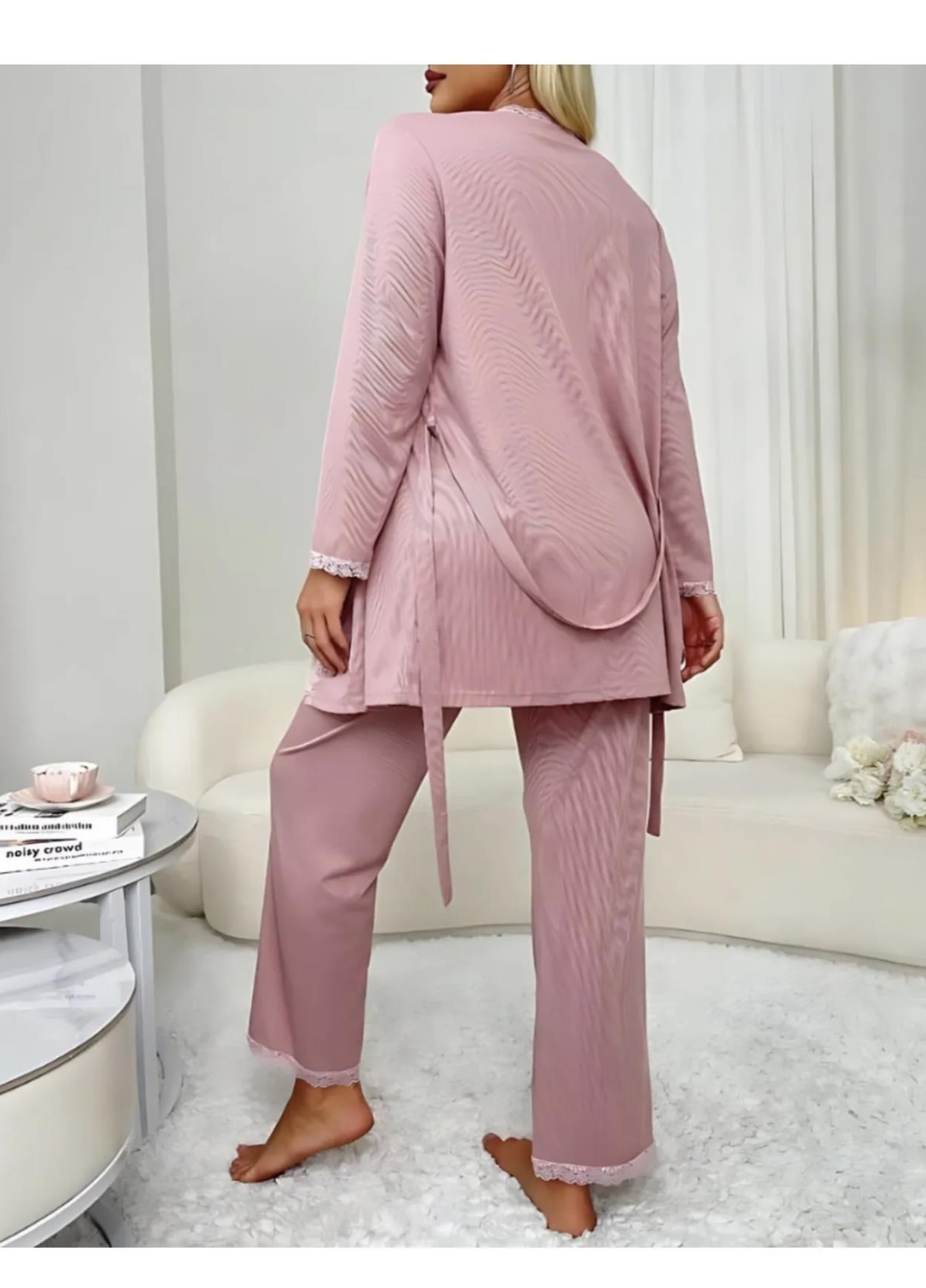 Powder Pink Robe and Ultra Soft Lace Detail Pajama Set