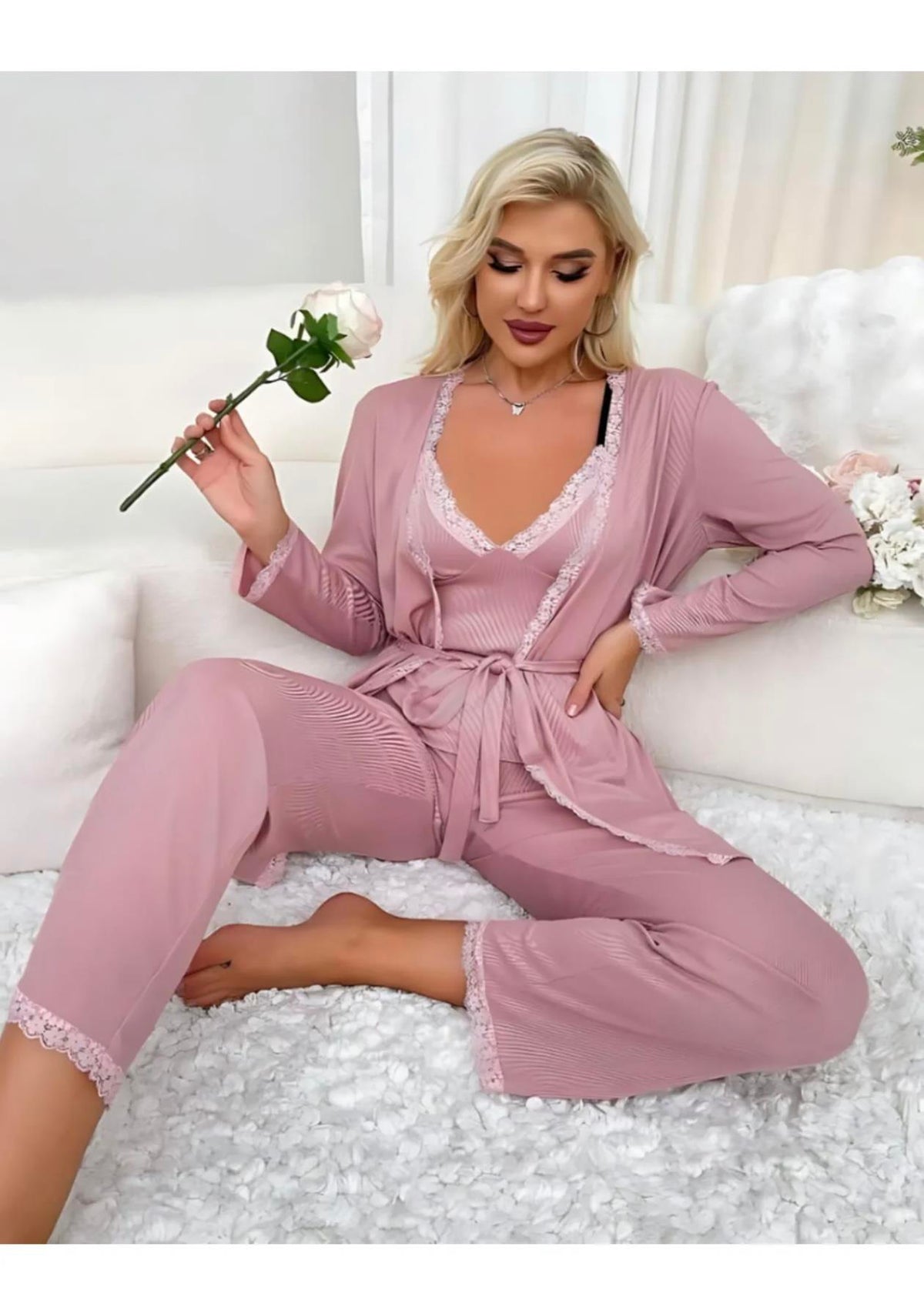 Powder Pink Robe and Ultra Soft Lace Detail Pajama Set