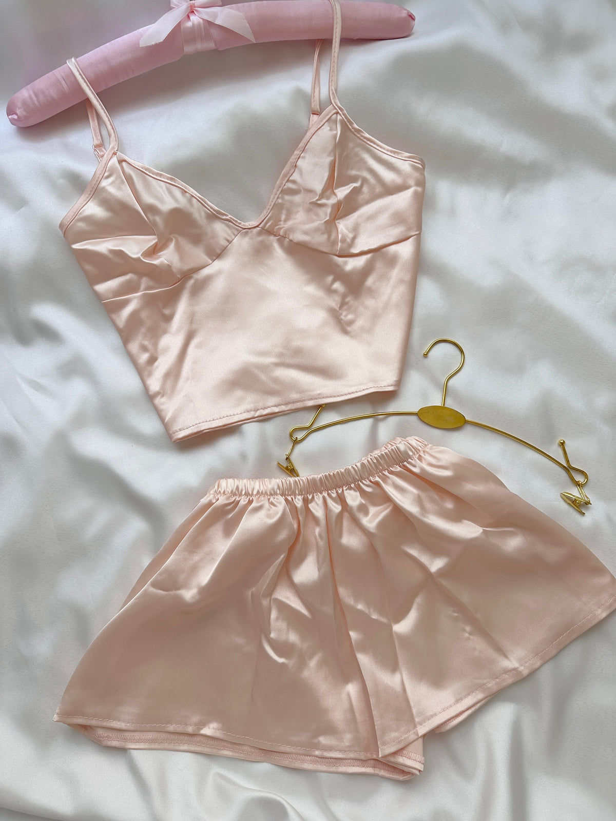 Powder Pink Satin Crop Wide Cut Shorts Set with Elastic Waistband