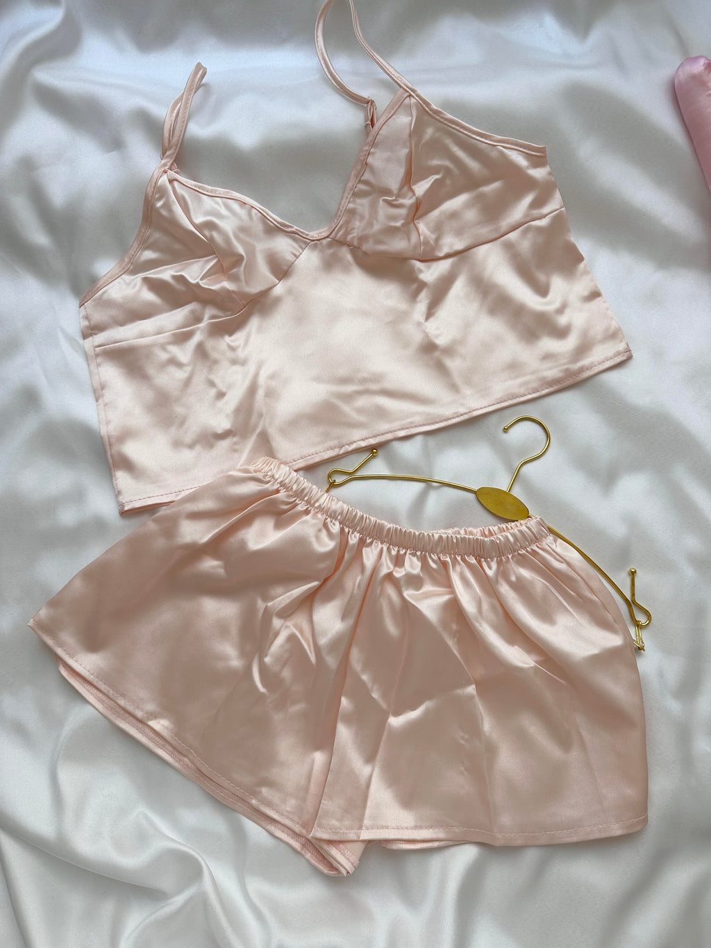 Powder Pink Satin Crop Wide Cut Shorts Set with Elastic Waistband