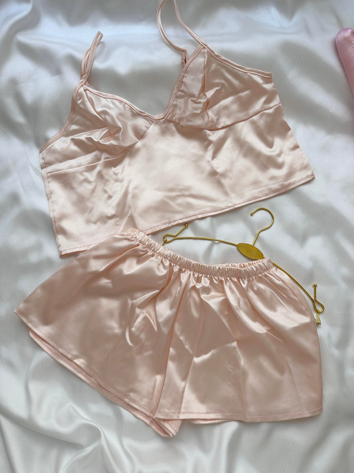 Powder Pink Satin Crop Wide Cut Shorts Set with Elastic Waistband