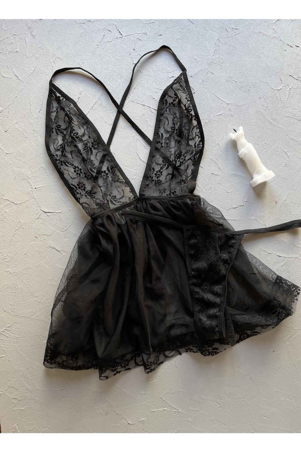 Renata Black Lace Tulle Nightgown