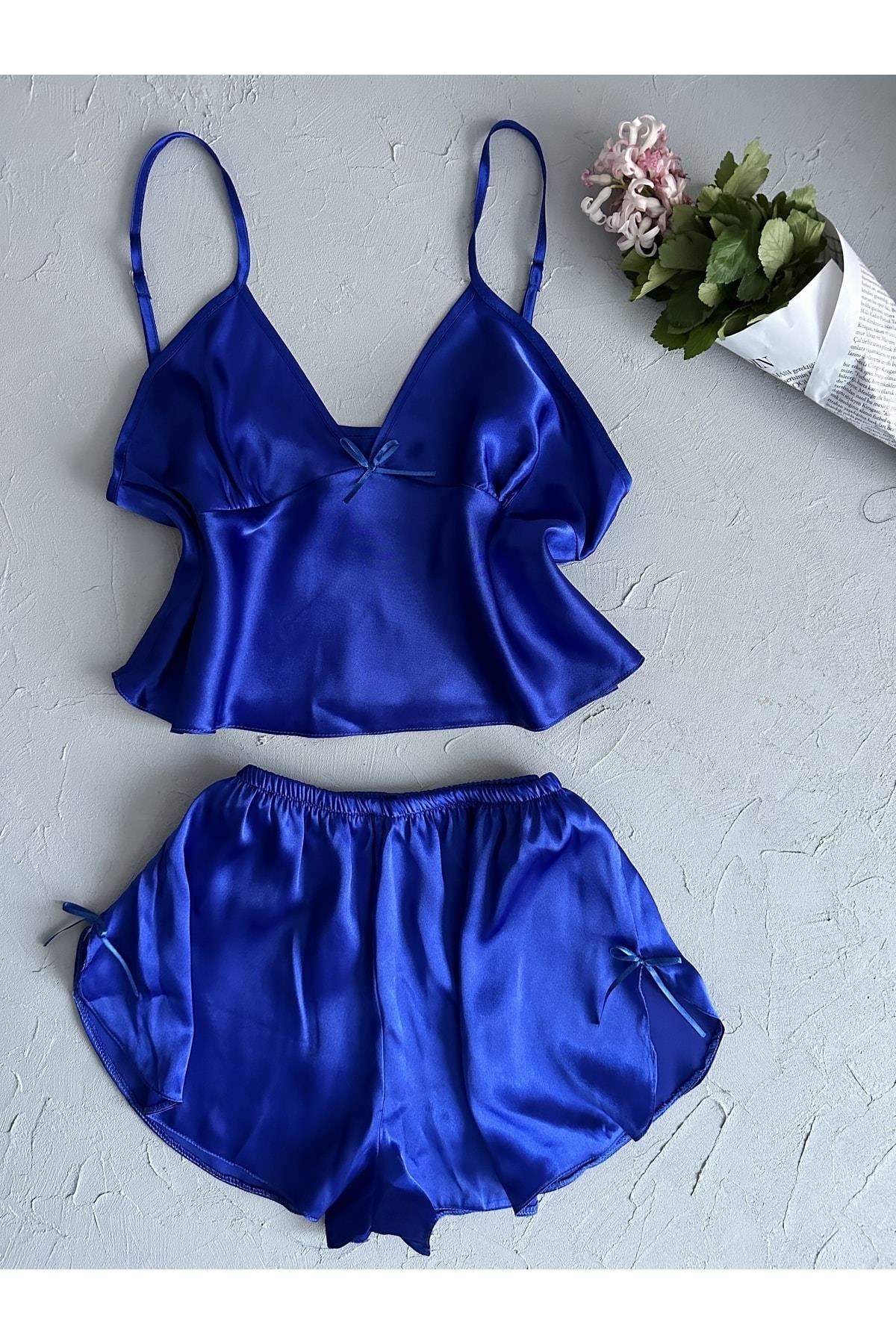 Navy Blue Bralette and Satin 4-Piece Nightgown Set