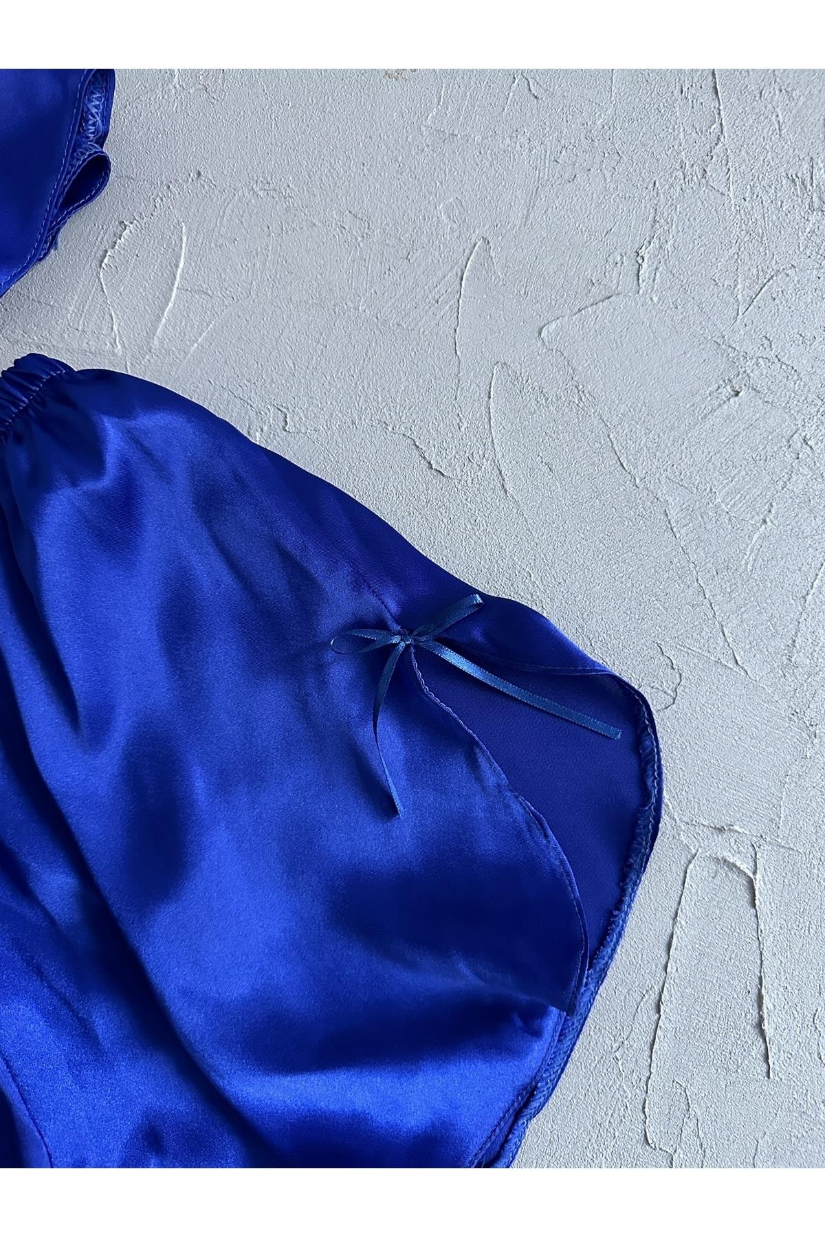 Navy Blue Bralette and Satin 4-Piece Nightgown Set