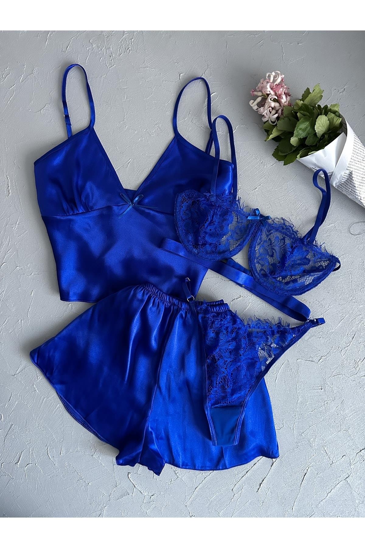 Navy Blue Bralette and Satin 4-Piece Nightgown Set