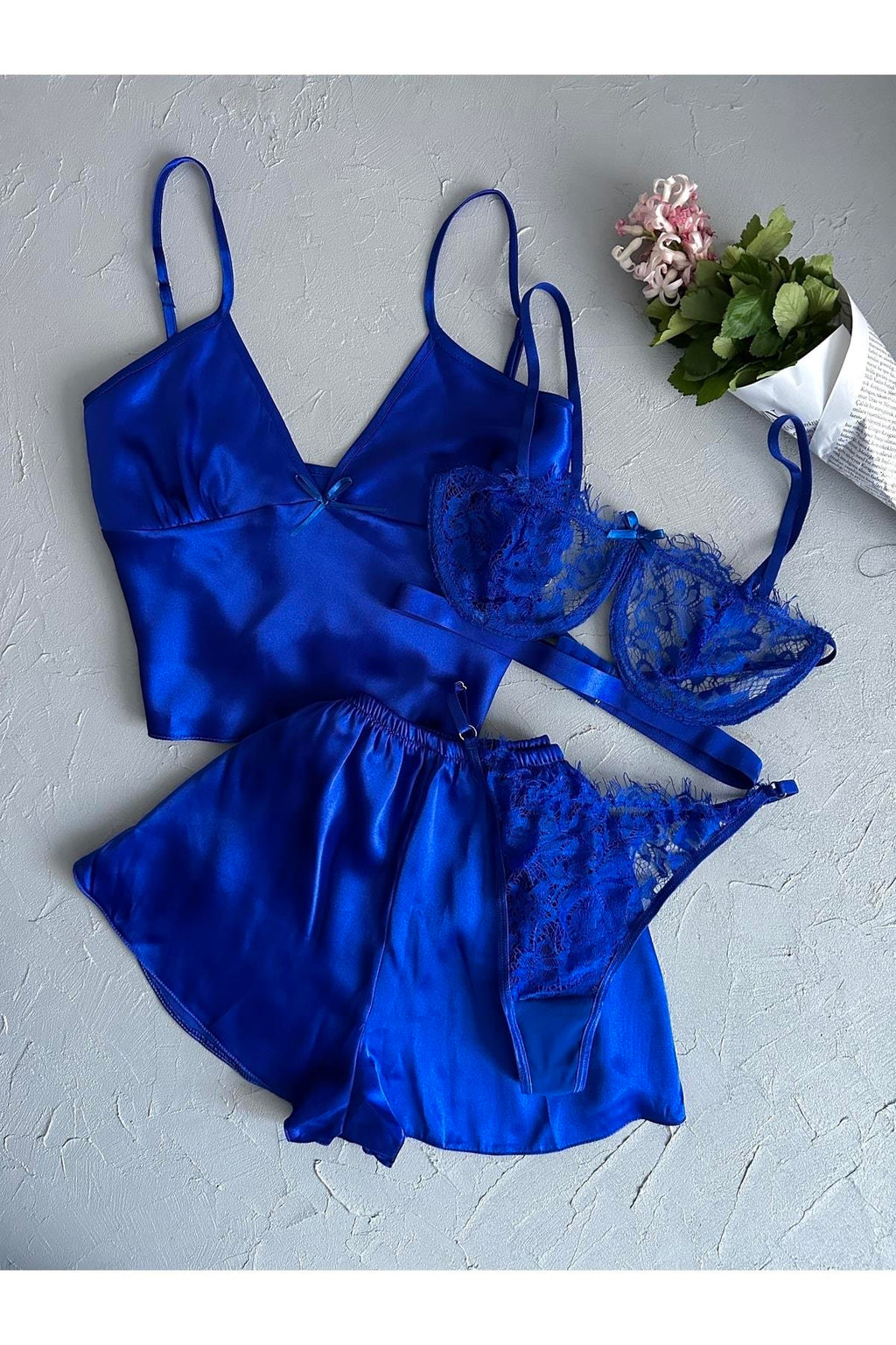 Saks Mavisi Bralet Ve Saten 4lü Gecelik Seti