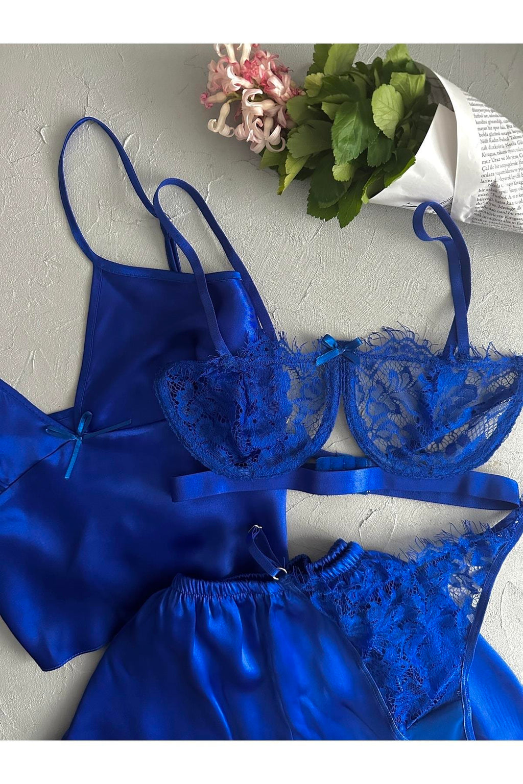 Saks Mavisi Bralet Ve Saten 4lü Gecelik Seti