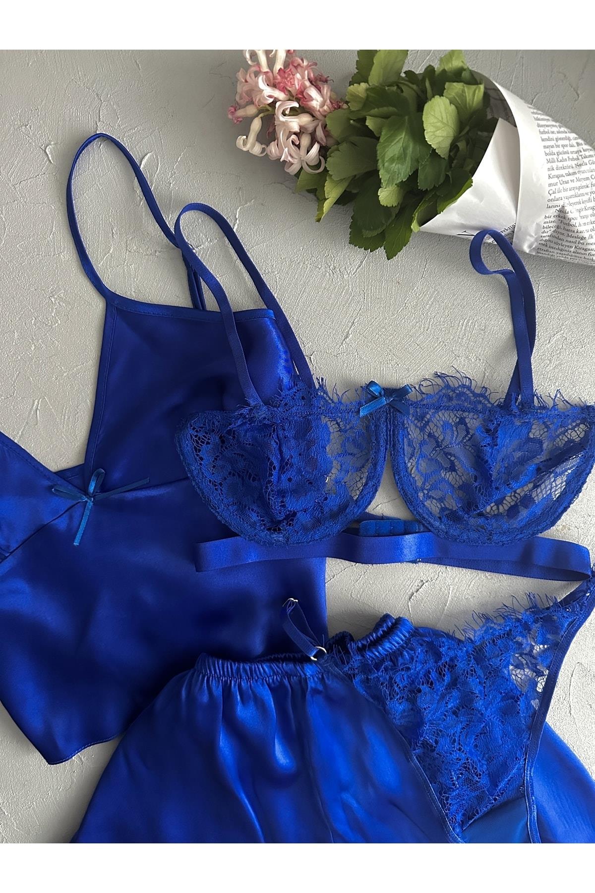 Navy Blue Bralette and Satin 4-Piece Nightgown Set