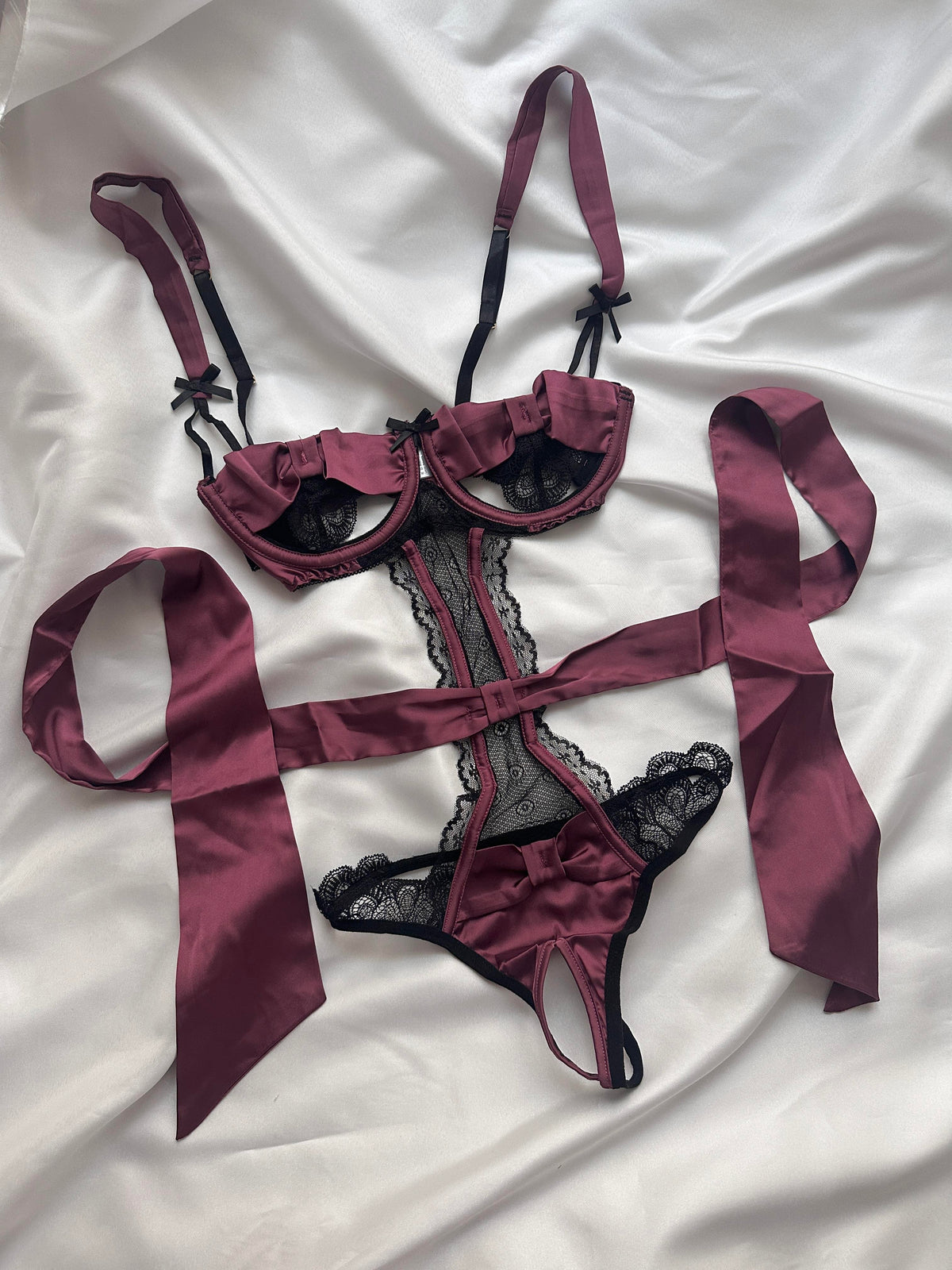 Satin Detail Bodysuit with Open Crotch