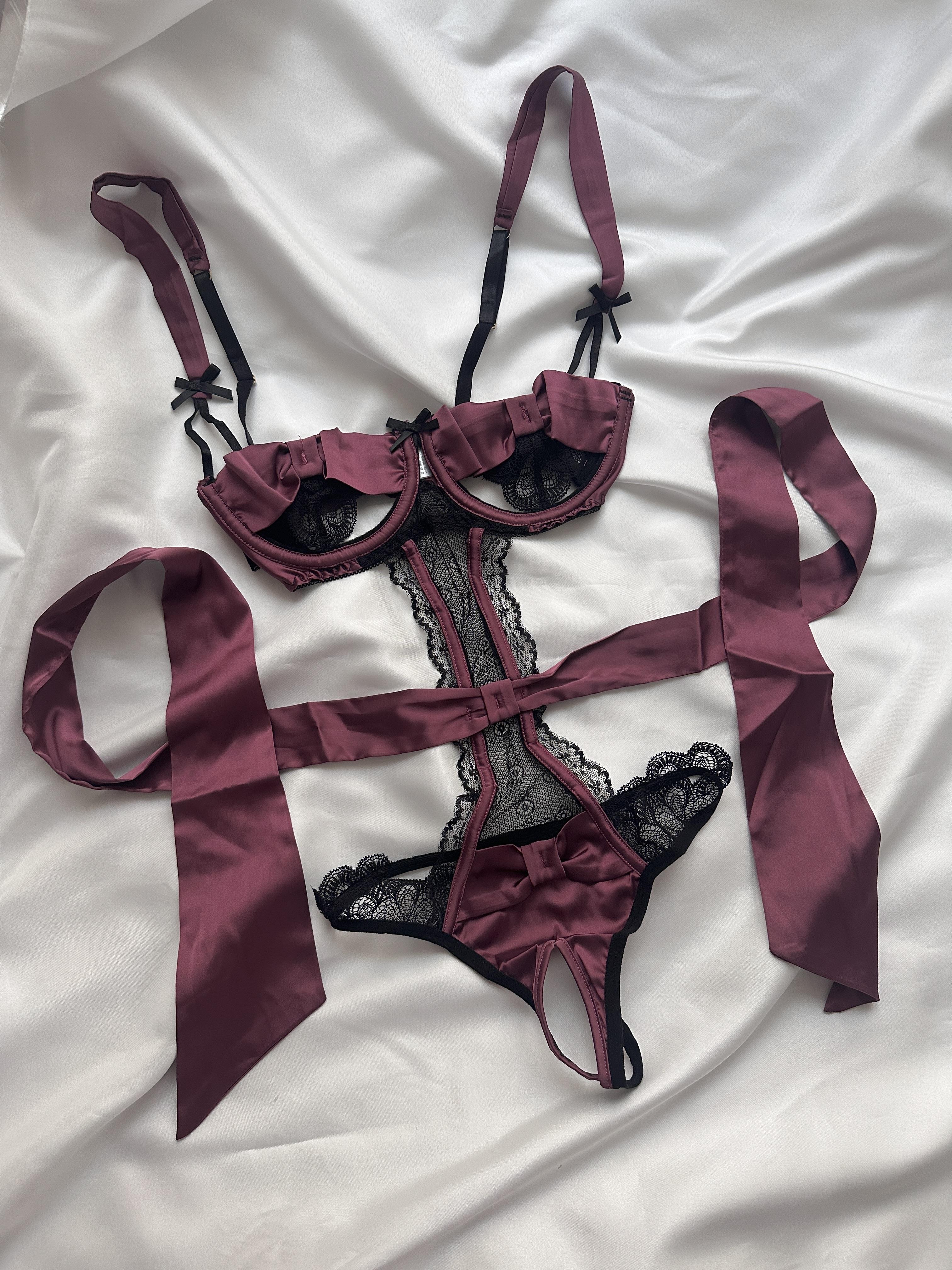Satin Detail Bodysuit with Open Crotch