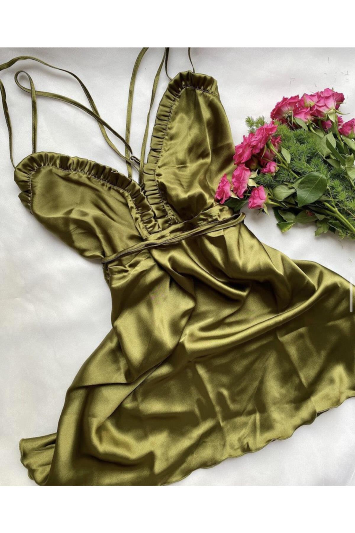 Satin Olive Green Nightgown with Back Detail